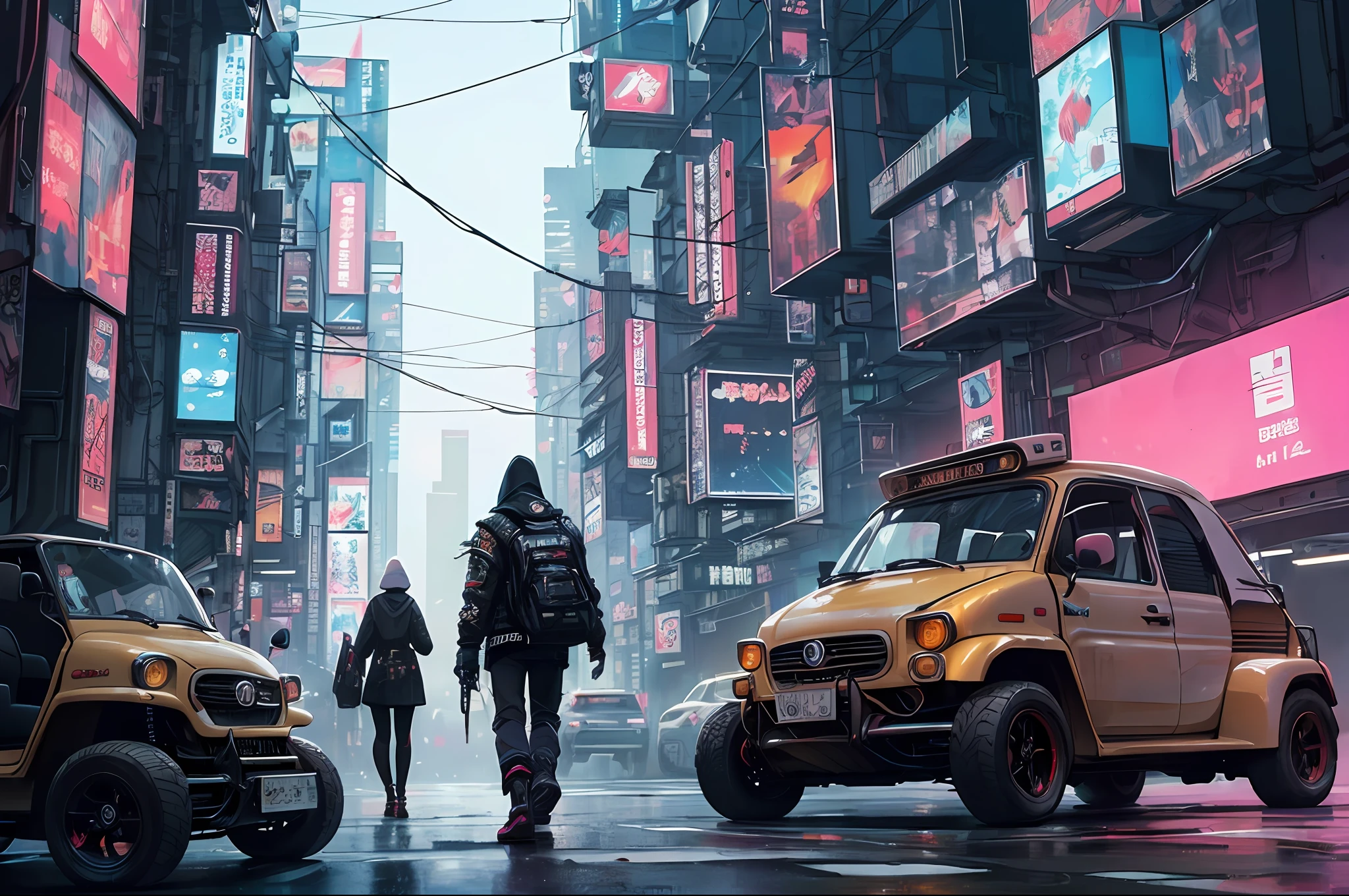 (at late night:1.3), , (detailed beautiful skin textures, detailed beautiful face, ultra detailed clothing textures), , (Cyberpunk:1.4), , (an ultra detailed four-wheeled and long bonnet tuk-tuk and letter-tires), , (3/4 front view, The car is in the center of the frame), , (at parking area, at ultra detailed Night City of Cyberpunk), (All cars are classic cars with cyberpunk costumed), , (soft lighting), , (masterpiece, best quality:1.4, 128k, ultra detailed, illustration, distinct_image, intricate_details, delicate illustration), (realistic:0.15),