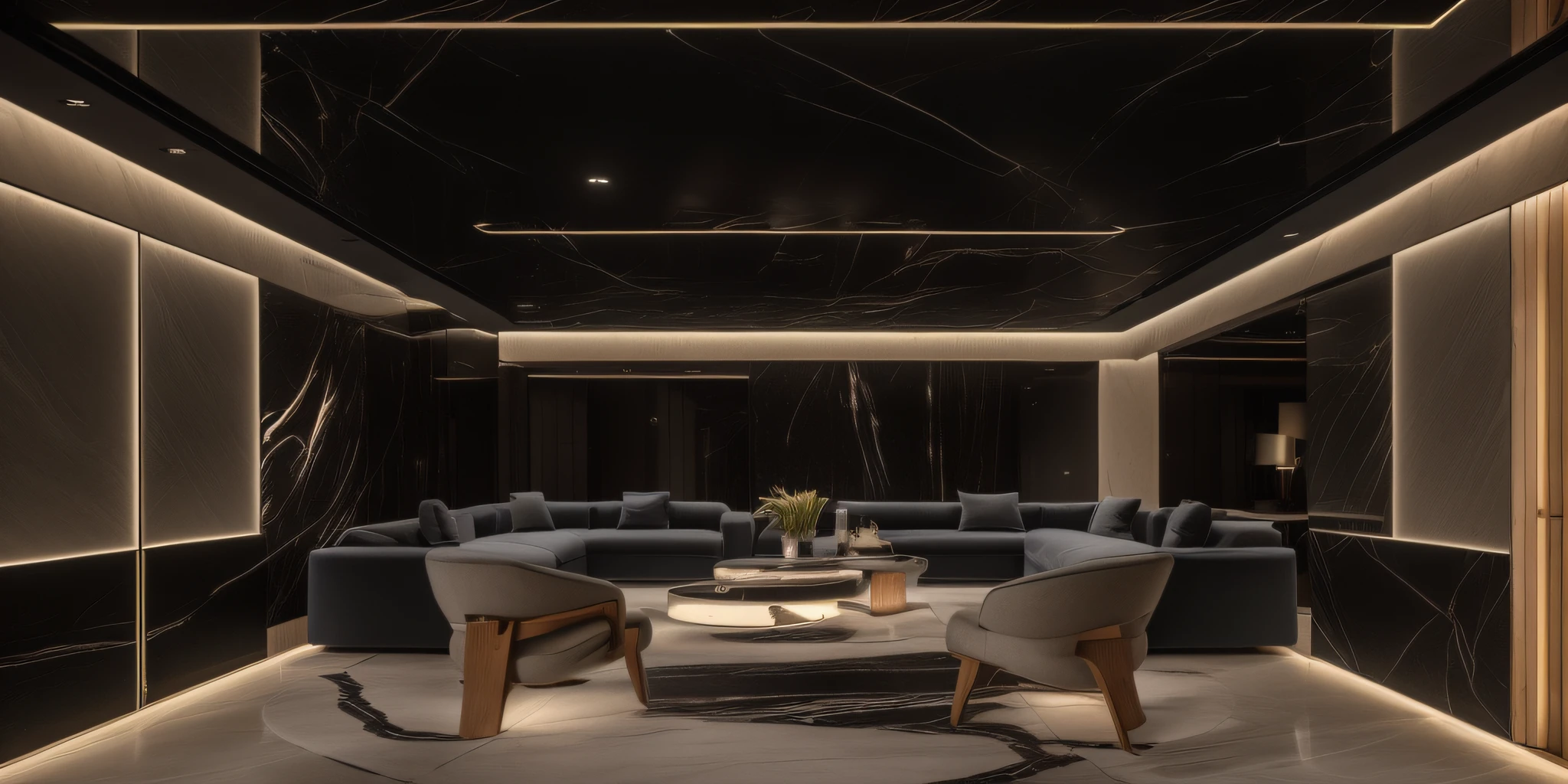 There is a private room, high-end feeling, delicate texture, exquisite furniture details, smooth surface, metal material, black marble floor, black wall, dim environment. Ambient lighting, ceilings hidden in the dark, dramatic ambient lighting, peak experiences, fiber optics inadequate
