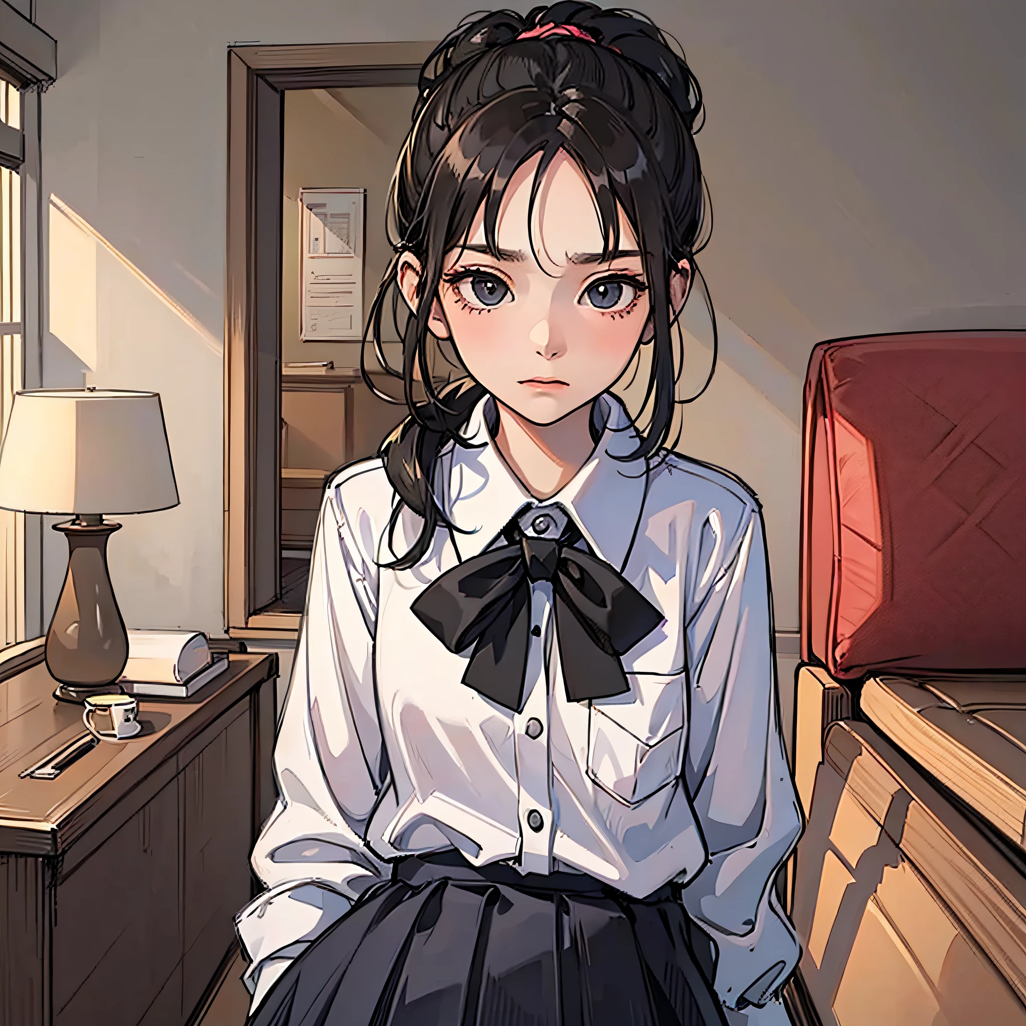 A  with a black ponytail, wearing a white school uniform, stood in the room, with an embarrassed expression, looking at the camera, next to the sofa