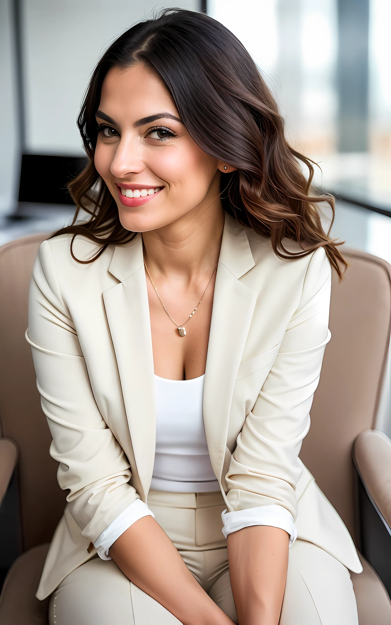 beautiful brunette, brunette woman in beige suit sitting in a chair with her hand on chin, wearing a light beige suit, woman in suit, professional profile picture, woman in a suit, promotional portrait, woman in business suit, photoshoot for skin care brand, amazing professional image, julia fuentes, well-lit professional photo, fernanda suarez, business woman, elegant smiling pose, Caroline Gariba very detailed, 30 years, innocent face, long hair, natural wavy, blue eyes, high resolution, masterpiece, best quality, intricate details, highly detailed, sharp focus, detailed skin, realistic skin texture, texture, detailed eyes, professional, 4k, charming smile, shot on Canon, 85mm, shallow depth of field, kodak vision color, perfect fit body, extremely detailed, foto_\(ultra\), photorealistic, realistic, post-processing, maximum detail, roughness, real life, ultra realistic, photorealism, photography, 8k uhd, photography