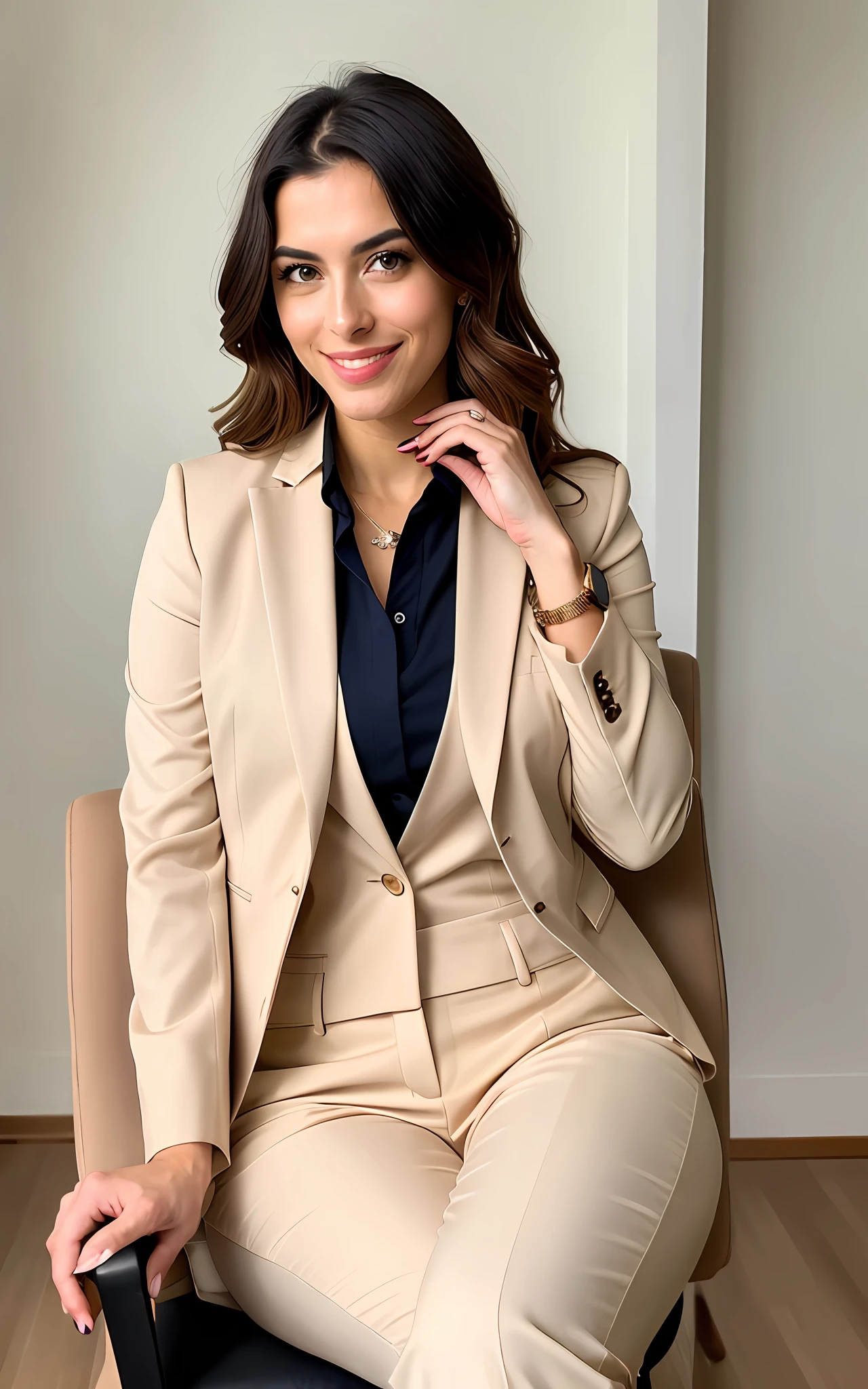 beautiful brunette, brunette woman in beige suit sitting in a chair with her hand on chin, wearing a light beige suit, woman in suit, professional profile picture, woman in a suit, promotional portrait, woman in business suit, photoshoot for skin care brand, amazing professional image, julia fuentes, well-lit professional photo, fernanda suarez, business woman, elegant smiling pose, Caroline Gariba very detailed, 30 years, innocent face, long hair, natural wavy, blue eyes, high resolution, masterpiece, best quality, intricate details, highly detailed, sharp focus, detailed skin, realistic skin texture, texture, detailed eyes, professional, 4k, charming smile, shot on Canon, 85mm, shallow depth of field, kodak vision color, perfect fit body, extremely detailed, foto_\(ultra\), photorealistic, realistic, post-processing, maximum detail, roughness, real life, ultra realistic, photorealism, photography, 8k uhd, photography