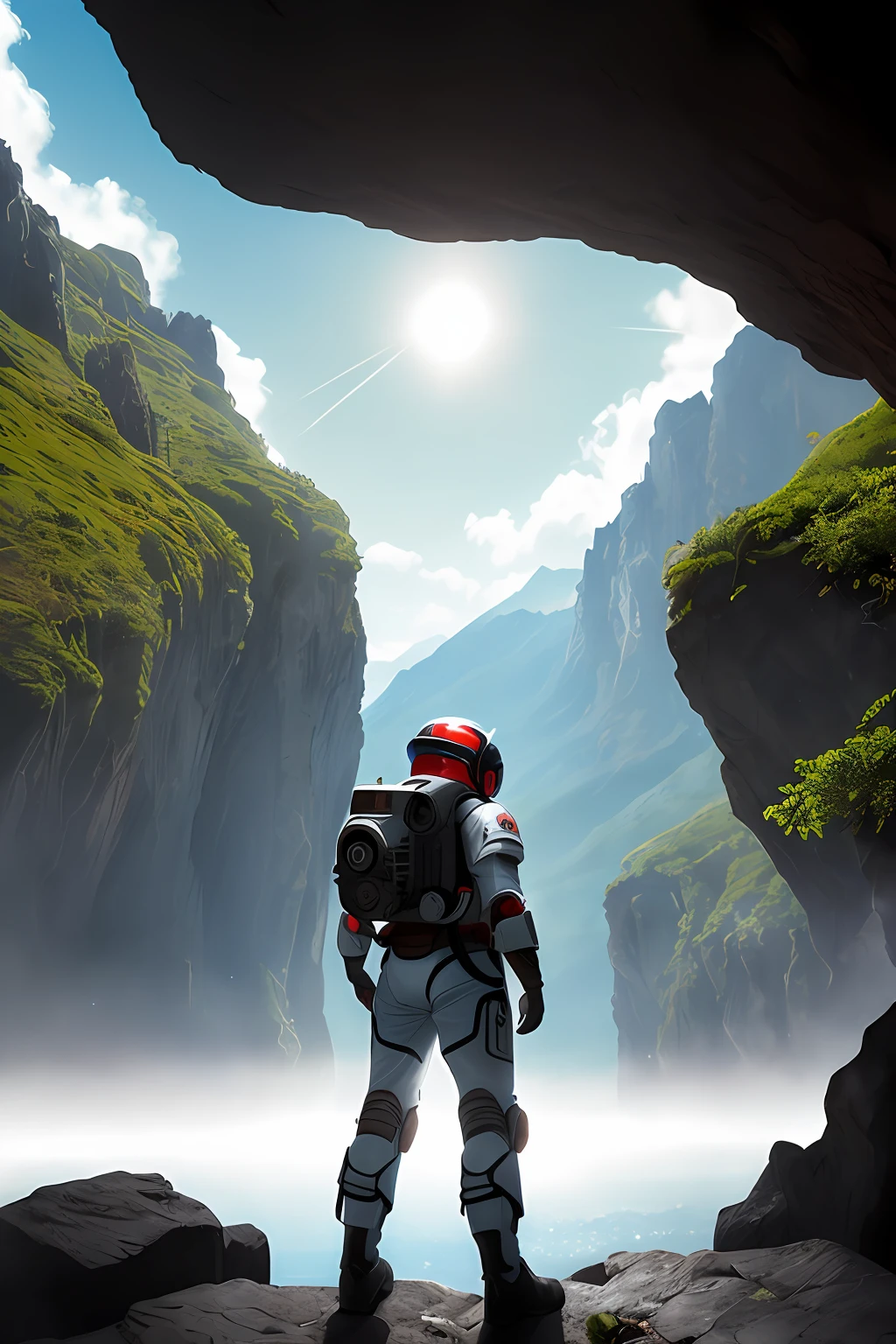 (35mmstyle:1.2), highly detailed RAW color photo, back corner, full body, (female space marine, wearing white and red spacesuit, futuristic helmet, tinned mask, rebreather, prominent loot), outdoors, (standing on a cliff tall Rocky Mountains, looking out at the magical lush green rainforest on an alien planet), vivid details, (exotic alien planet), toned body, big ass, (sci-fi), (Mountains: 1.1), (Lush green vegetation), (Two Moon in the sky: 0.8), (Very detailed, Ultra-detailed, Complex), (Lens flare: 0.7), (Halo: 0.7), Particle effects, ray tracing, cinematic lighting, shallow depth of field, Shot on Sony a9 II, 35mm wide-angle lens, clear focus, motion picture film, from Gravity 2013, seen from behind, dynamic angle