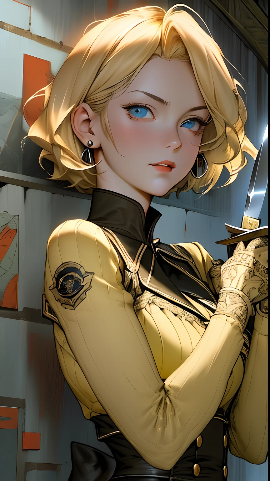 Masterpiece, best quality), 1 40-year-old woman, (with a knife in her hand), family background, mature, age: 1.4, extremely detailed CG unified 8k wallpaper, intricate details, short hair, blonde hair, blue eyes, fleet commander, housewoman, crazy expression