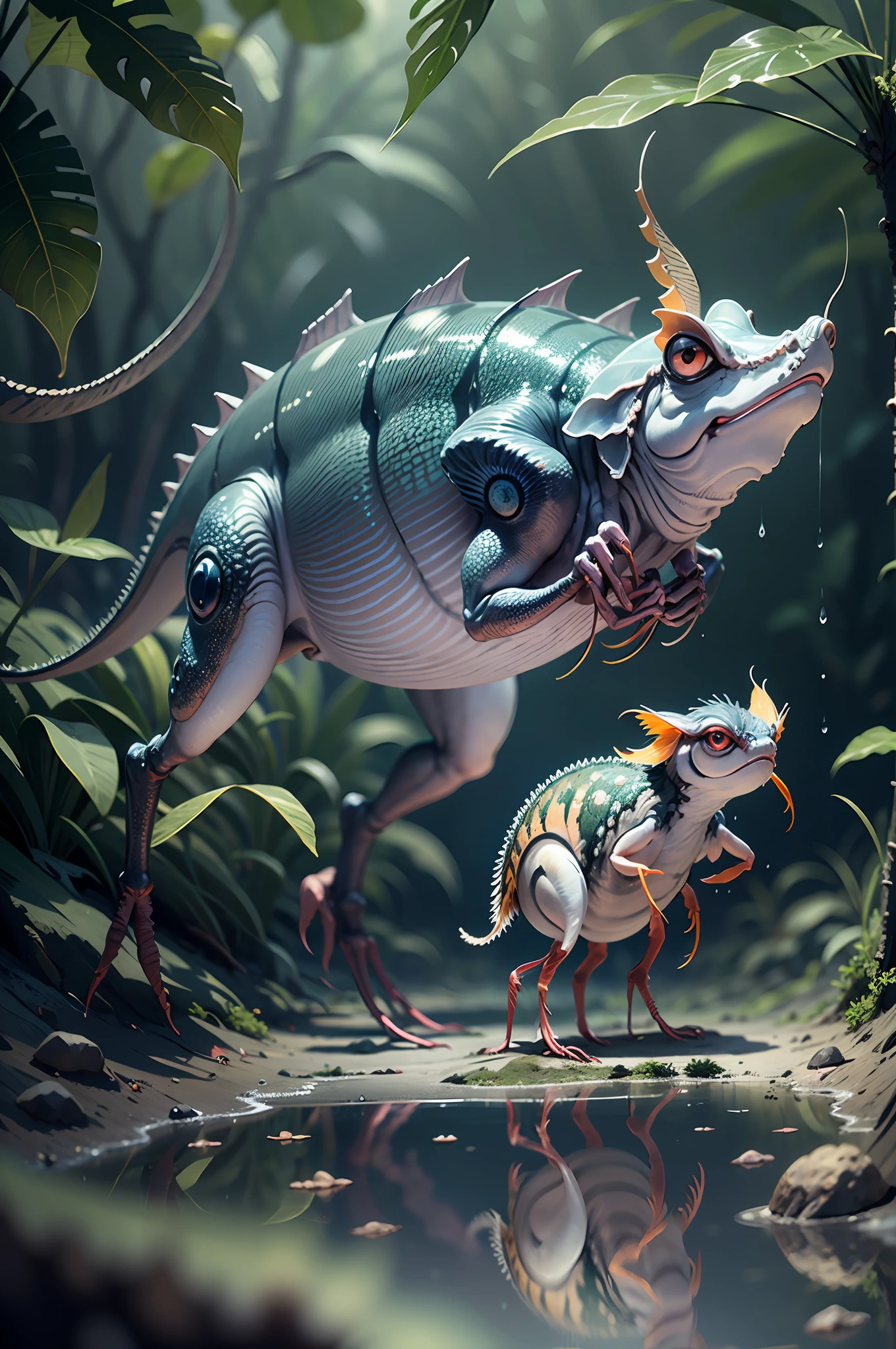 Big creature like dinozaur,(four big eyes), wise look, calm, feelers on the head, buffalo posture, crystal clear body, six legs, glow around it, luminous lines inside the body, with ((six legs creature)) with transparent and lighting body, walking on all six legs, (((cuttlefish head))), ((four eyes)),jellyfish transparent body, six leghs, in the jungle, jungle, rain forest, high image quality, realistic look, high-resolution photography, 8K, full-frame matrix, deep shadows, ((one character)), (intricate details, subsurface scattering, hyperdetailed:1.15), (hyperrealism, volumetric lighting, sharp:1.5) Fujifilm XT3