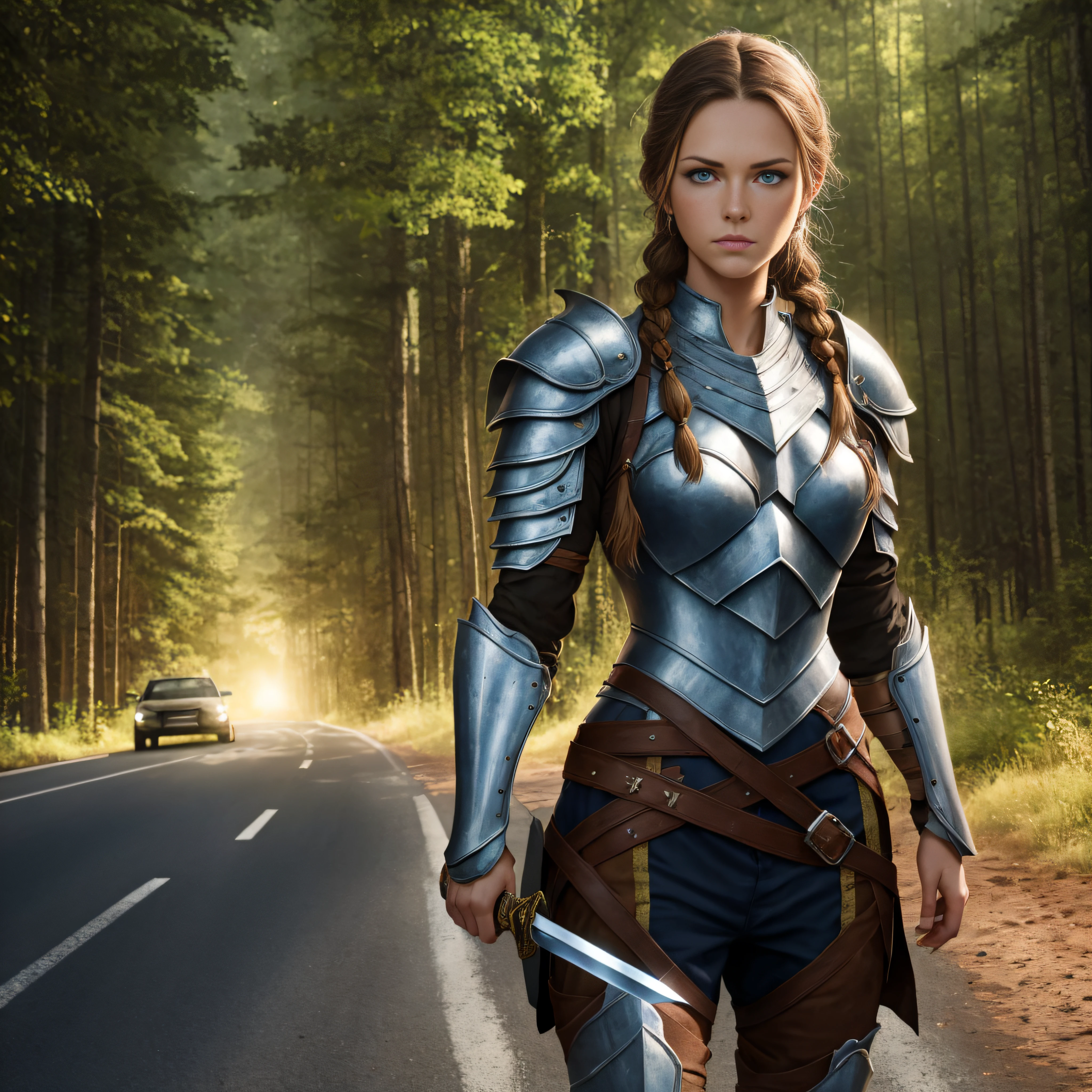 High resolution, blue-eyed woman, white tex, brown hair and tied up with a braid that passes through her chest. He has a fantastic armor made of energy and a sword of light. He has freckles on his face and is on a road at night in a forest. Hyper realistic 4K, full body. --auto