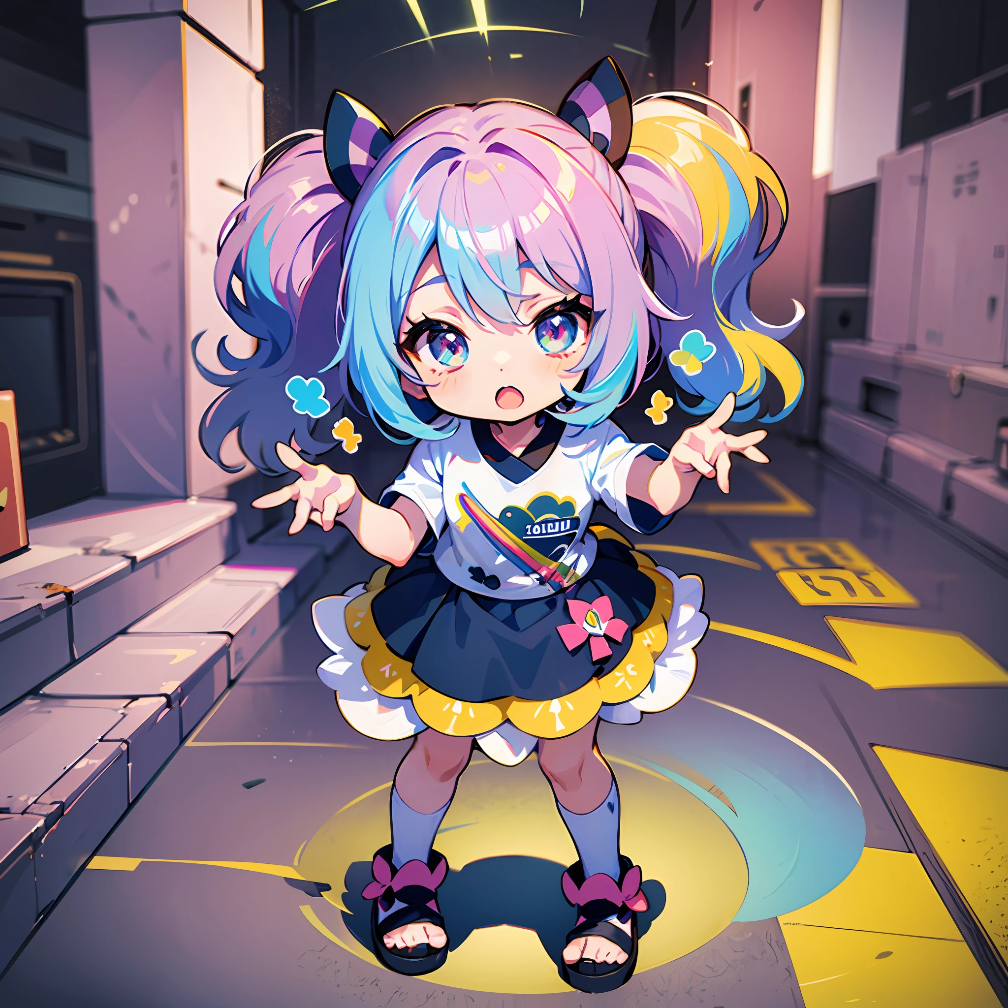 ((Sticker: 1.5))), ((Chibi character)), (white background), Fluffy, Girl, High School, Pokémon Nanjamo costume, Minanjamo, Nanjamo pose, Chibi character, Full body, pastel colored hair, fairytale, fantastic, rainbow, t-shirt design, masterpiece, highest quality, 16k
