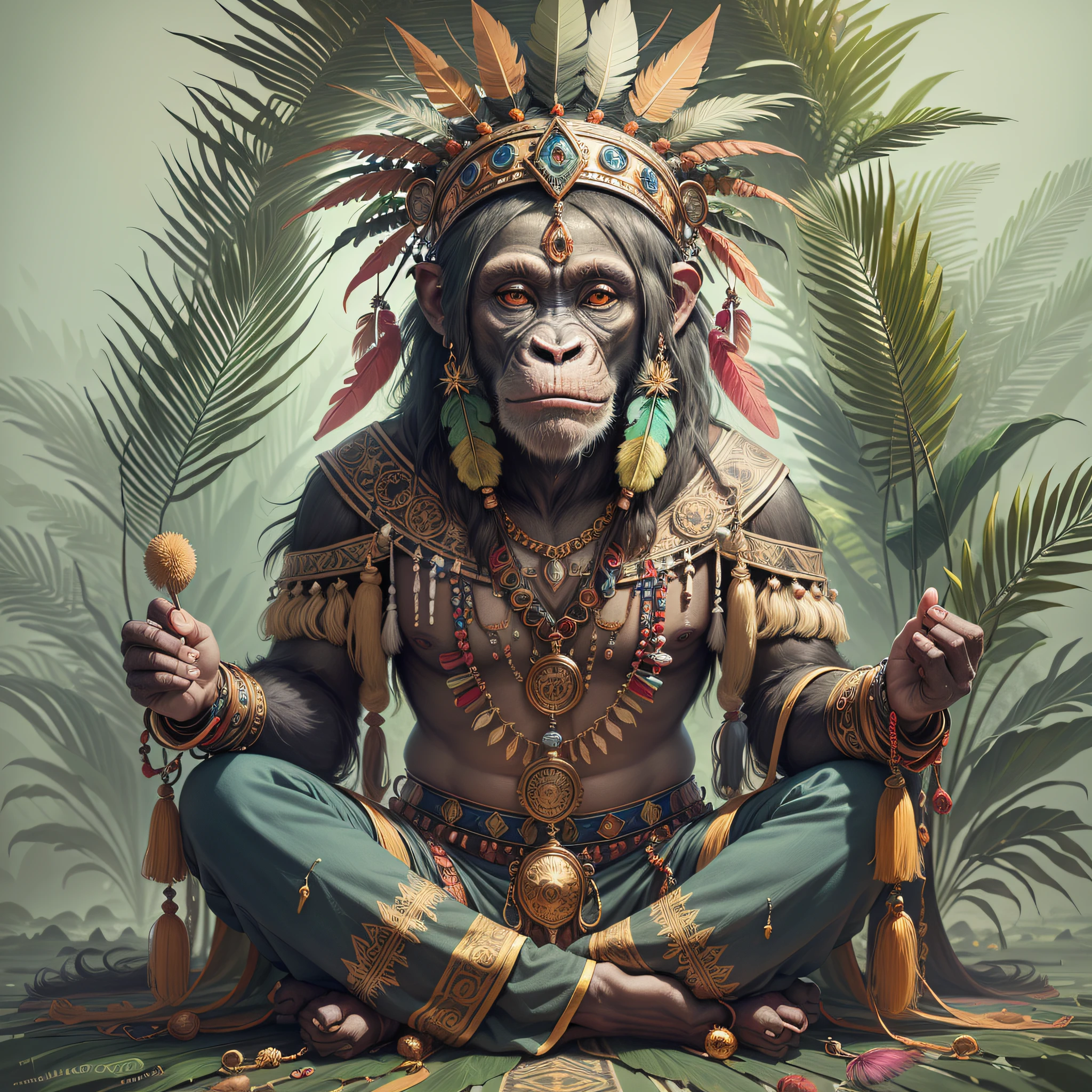 Chimpanzee with headdress ((Shaman)),((meditative state),,Shaman, elegant chimpanzee, hair with details, with Indian headdress on head, ((meditating)) many colorful feathers, colorful feathers, facing the camera, detail: dense tropical foliage, highly detailed intricate, ((masterpiece)), ultra hyperrealistic, masterpiece