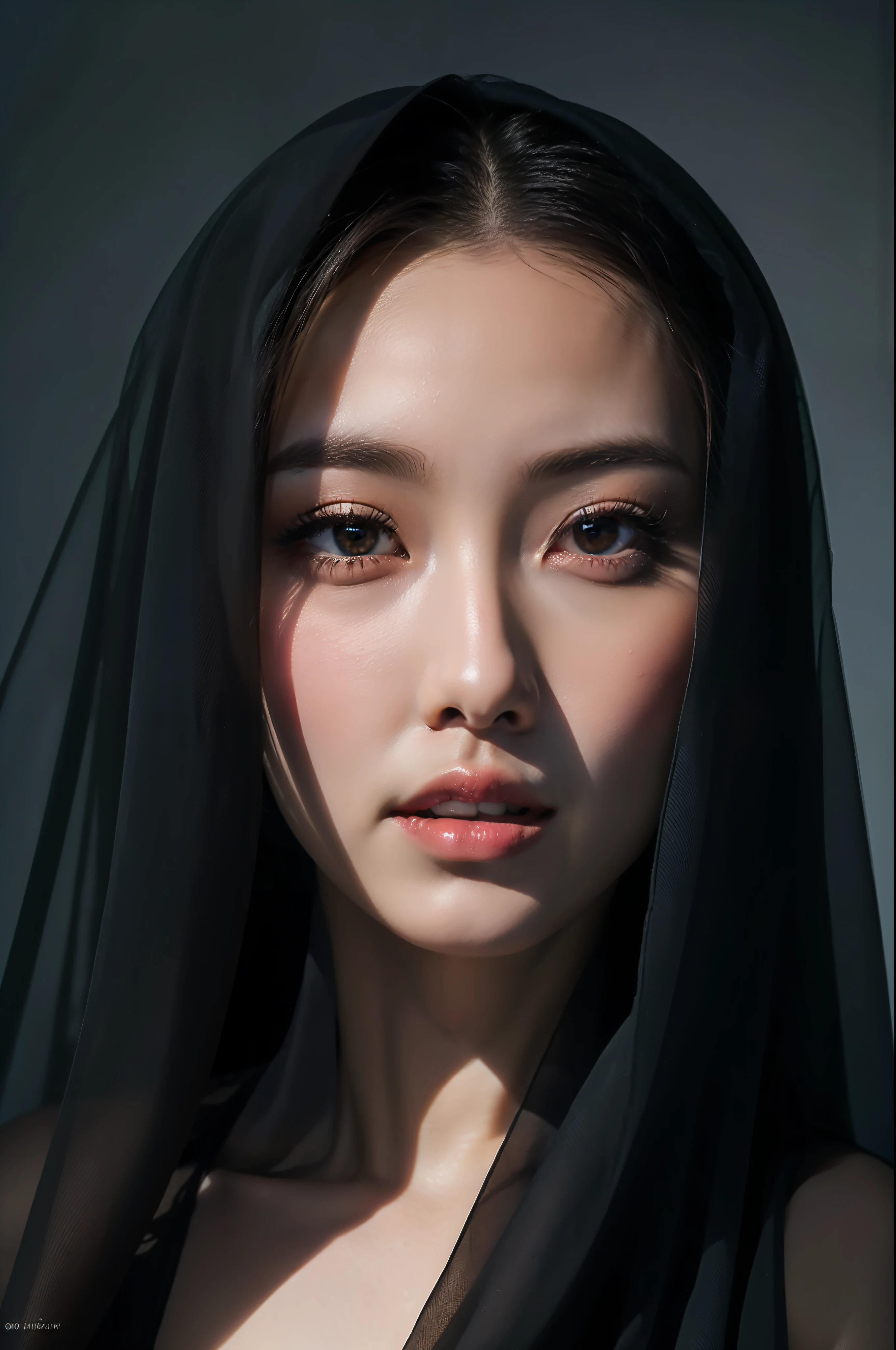 8K, RAW photo, high quality, realistic, full body photo, 1 girl, super detailed face, black veil, in the crater