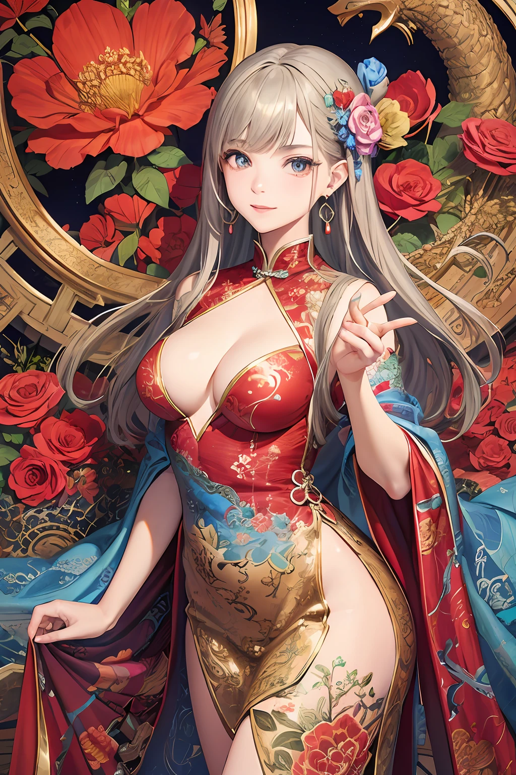 (Masterpiece, Best Quality, Best Quality, Official Art, Beautiful and Aesthetic: 1.2), (1 Dragon: 1.3), Highly Detailed, (Fractal Art: 1.1), (Colorful: 1.1) (Flower: 1.3), Supreme Detail, (Zentangle: 1.2), (Dynamic Pose), (Abstract Background: 1.3), (Chinese Traditional Cloth: 1.2), (Shiny Skin), (Many Colors: 1.4), (Earrings:1.4)、