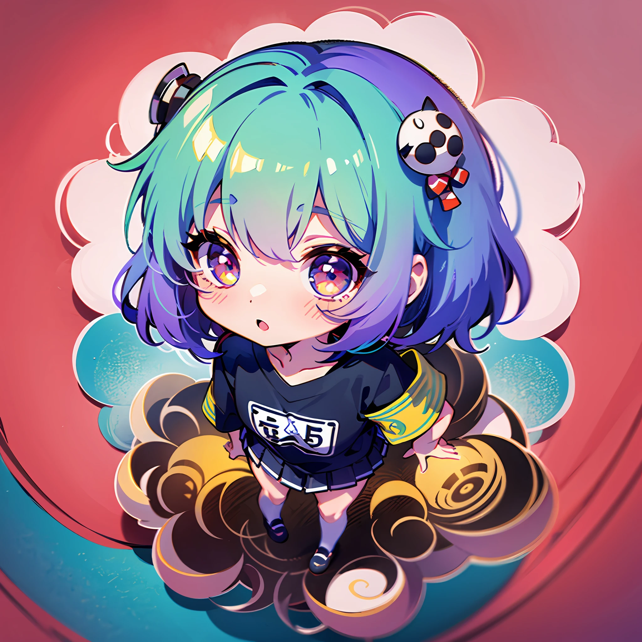 ((Sticker: 1.5))), ((Chibi Chara)), (White Background), Fluffy, Girl, High School Student, High School Girl Costume, Miniskirt, High School Girl Pose, Chibi Chara, Full Body, Pastel Hair, Fairy Tale, Fantastic, Rainbow, T-Shirt Design, Best Masterpiece, Best Quality, 16k, Super Surprised Face