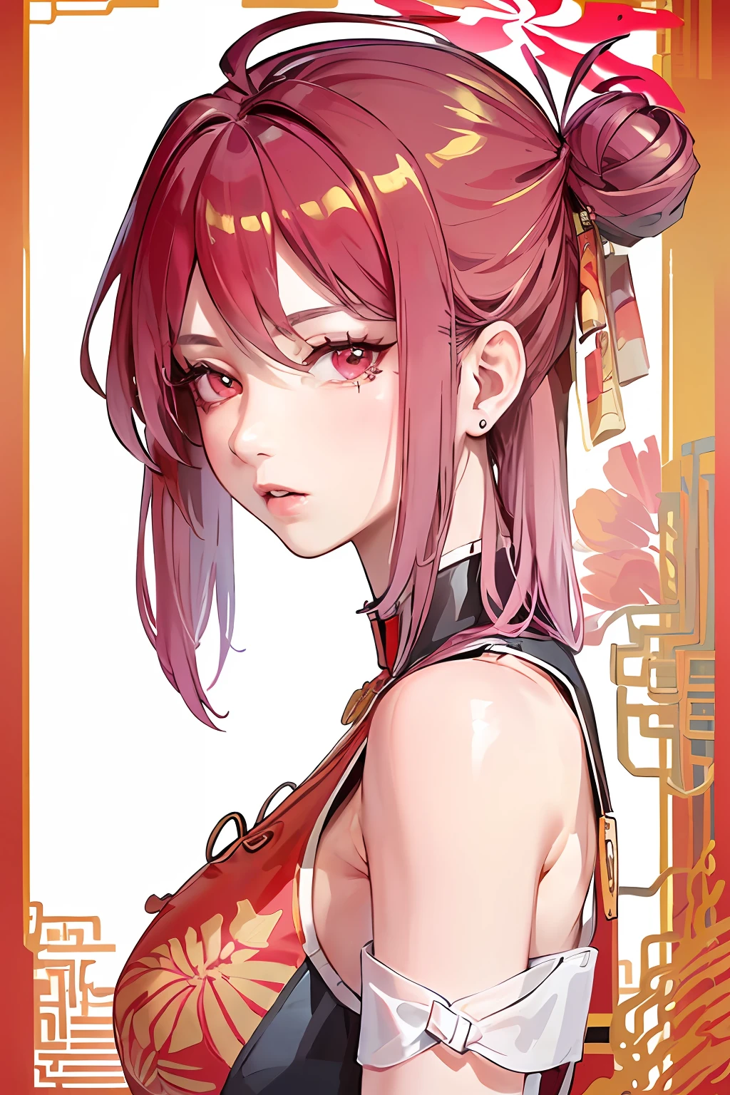 (((Masterpiece, Top Quality, Top Quality, Official Art, Beautiful and Aesthetic: 1.5))), (1 Girl: 1.3), Very Detailed, Best Detailed, Red-haired, ((((China Clothes: 1.5)))), (Shiny Skin), (Many colors: 1.4), (Big)))), Large breasts, Light areola