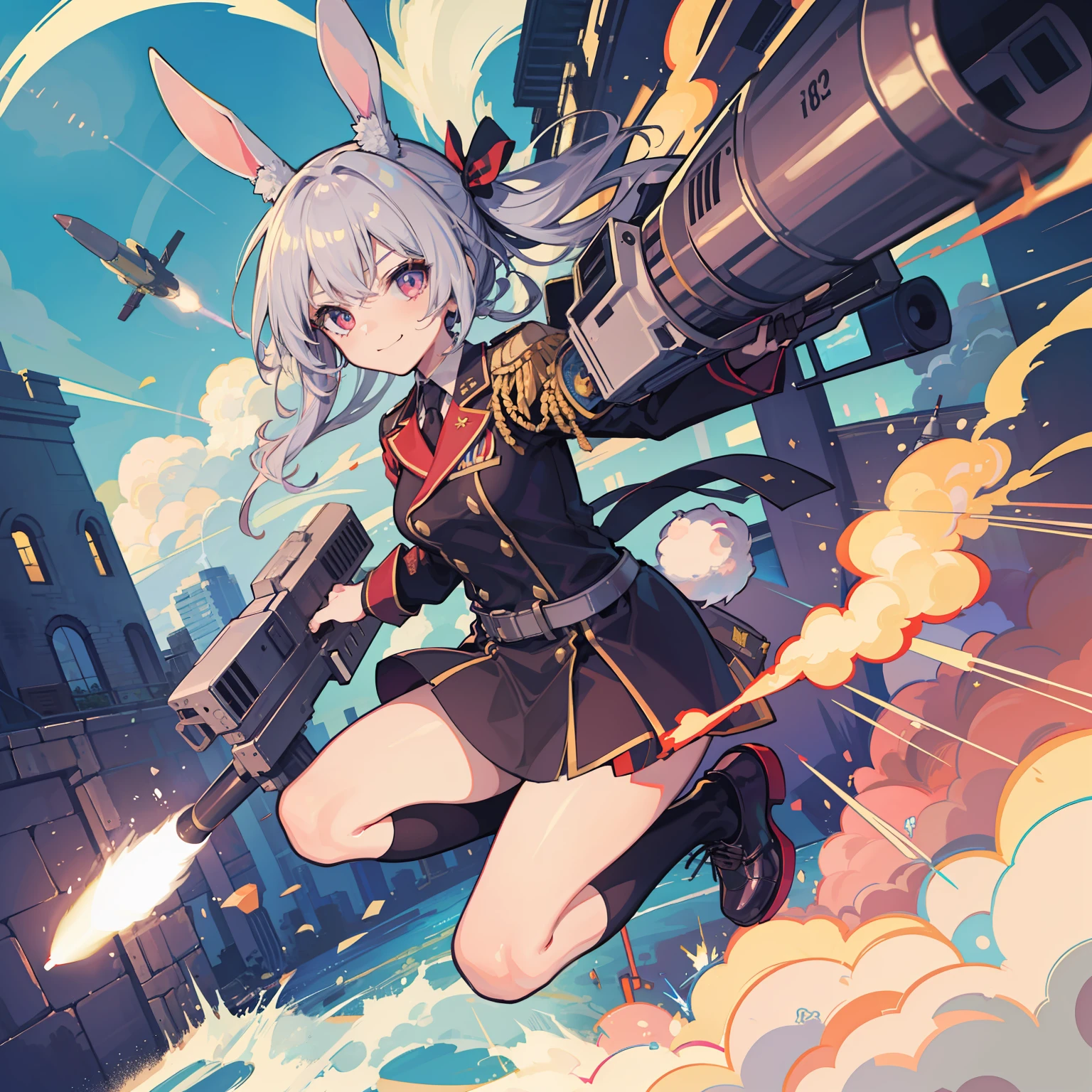 best quality, (kawaii:1.1), (cute), (high resolution:1.2), incredibly absurdres:1.3, incredibly fine illustration
BREAK
(:1.1), 1girl, solo, (military uniform:1.2), rabbit ears, smirk, flying, (fighting:1.2), (dynamic angle:1.2), (missile launcher:1.4), firing,
BREAK
(fantasy world:1.4), ruins, dynamic effect