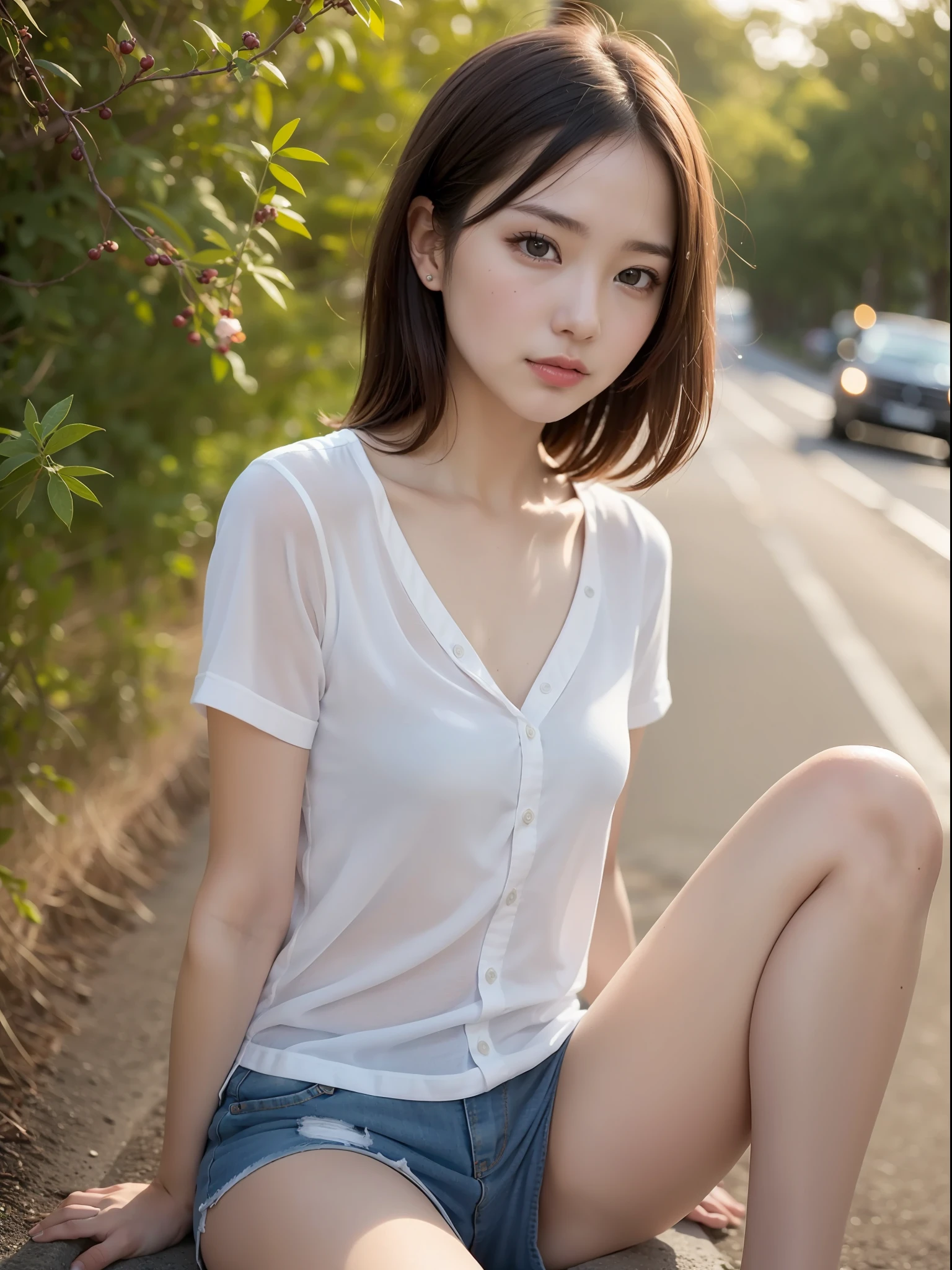 ((top quality, 8k, masterpiece: 1.3, raw photo)), Sharp Focus: 1.2, (1 aespa Girl: 1.2), (Realistic, Photorealistic: 1.37), (Face Focus: 1.1), Cute face, tenderness, small breasts, flat chest, short messy hair, spread legs, beautiful woman sitting on a country road at dusk, white summer casual shirt, sunlight, cinematic lighting