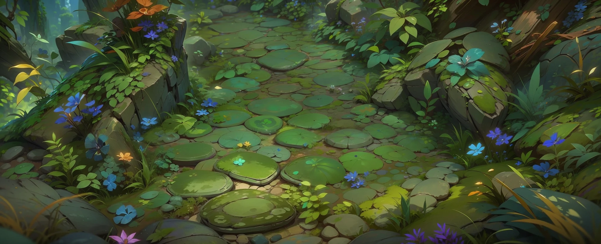 game scene illustration, The Croods, DreamWorks animation, background image of game character, natural environment, high quality background image, stone, big tree, wide angle photography, fantasy plant, moss, microscopic perspective, estilo dos desenhos animados, tropical plants, horizontal composition, bright, super high resolution, super high quality, clear detail, forest, game scene map