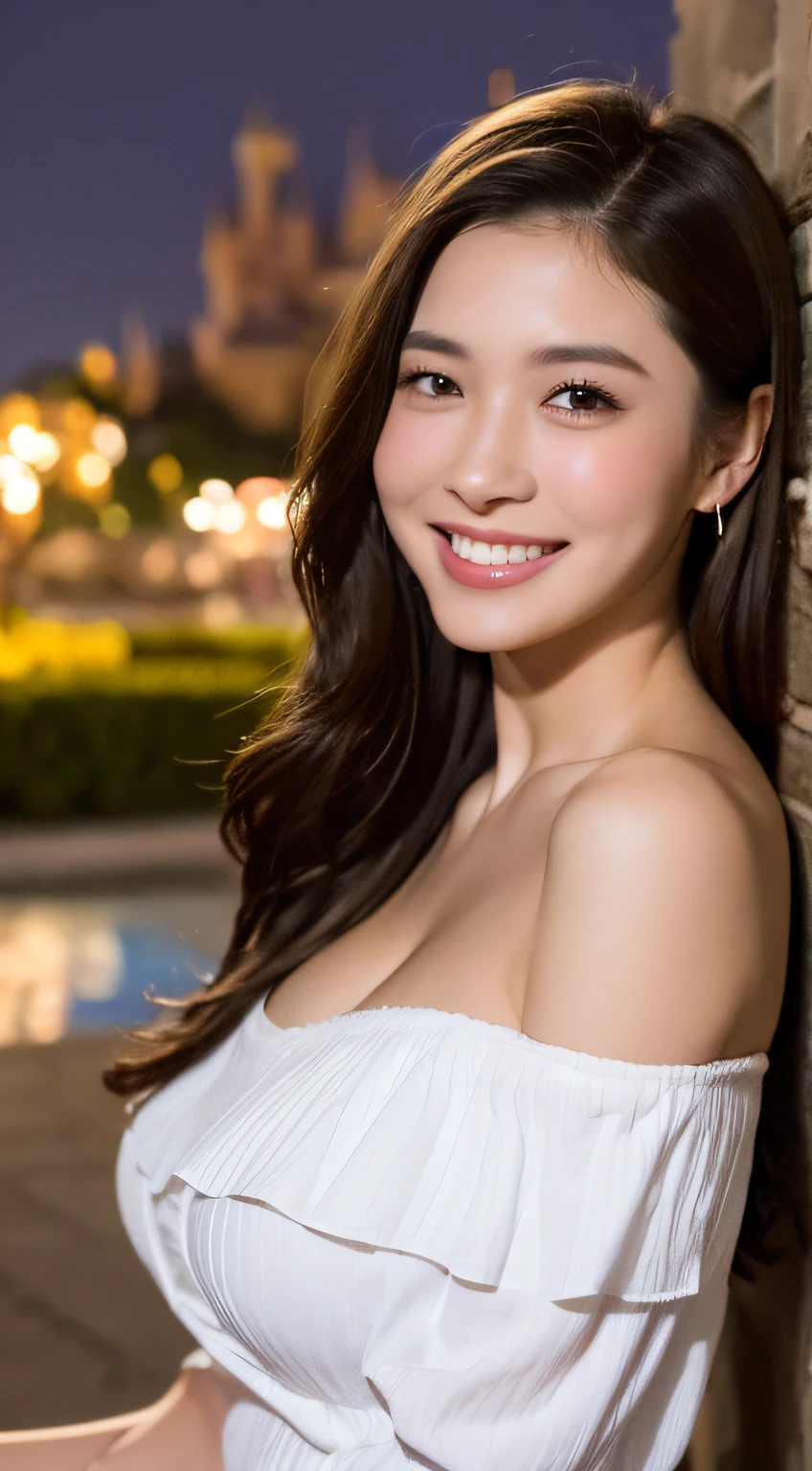 ((Night Scene, Realistic Light, Best Quality, 8k, Masterpiece: 1.3)), 1 Girl, Slim Body Beauty: 1.4, Brown Hair, (Big: 1.3), Off Shoulder Cut Top: 1.3, Ultra Detailed Face, Detailed Eyes, Double Eyelids, Disneyland, Fountain, Castle, Fireworks, Smile, Cleavage, Saggy