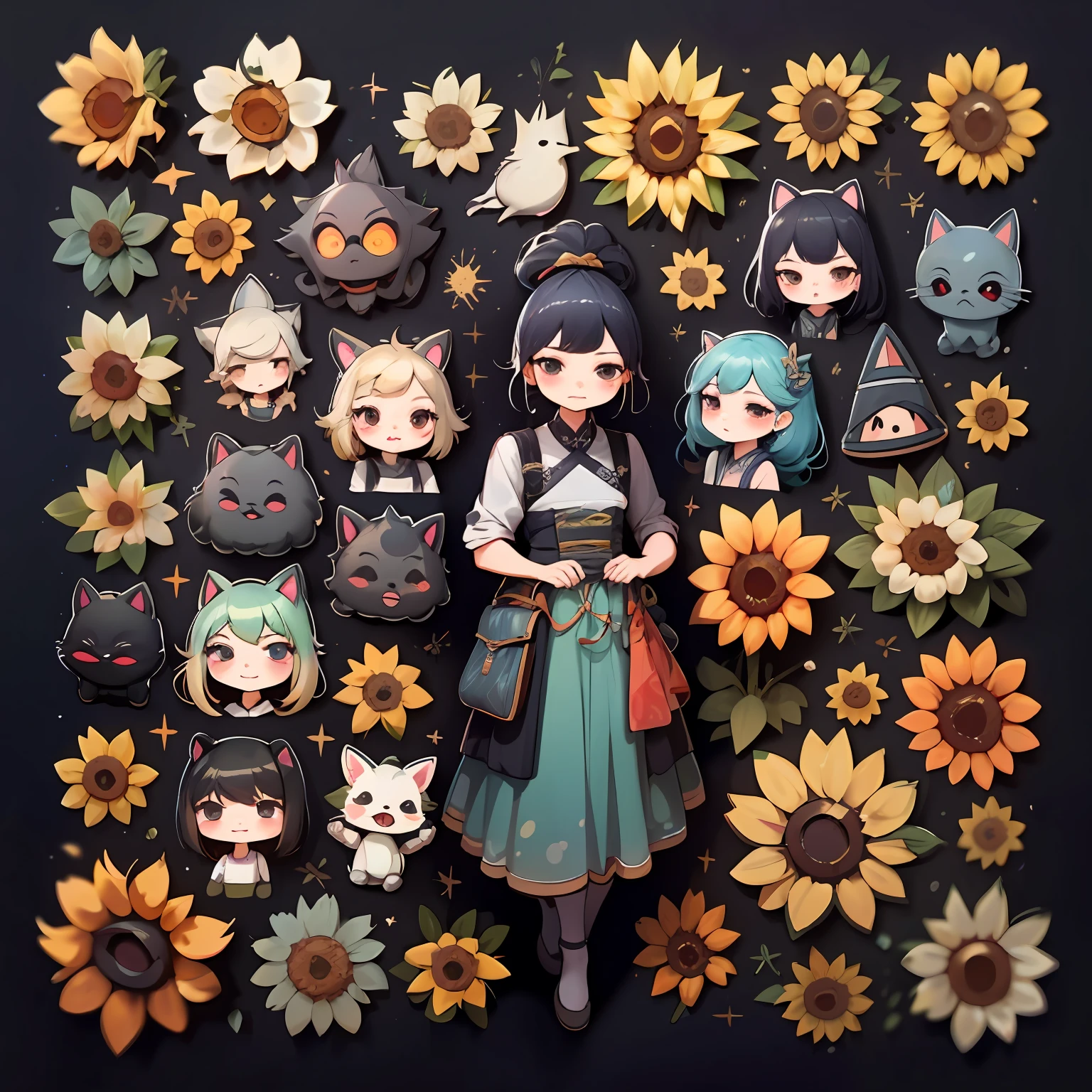 4套美丽的女孩,Character clothing set,Gorgeous costume design for different styles,Detailed realistic professional art masterpiece sticker set,with a black background, sunflowers