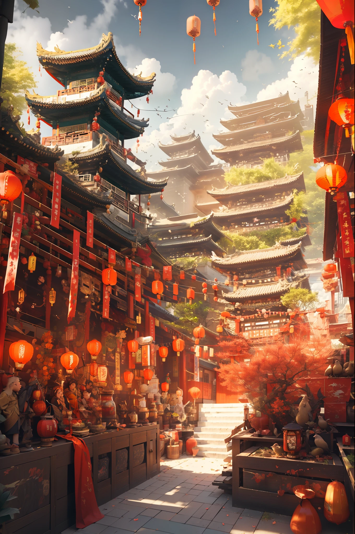 loft architecture, east asian architecture, landscape, lantern, pagoda,swastika character, outdoor, sky, paper lantern, cloud, bird, building, tree, standing, mountain, bridge, holding, multiple girls, 6+ boys, sky, top view,high angle view, masterpiece, best quality,