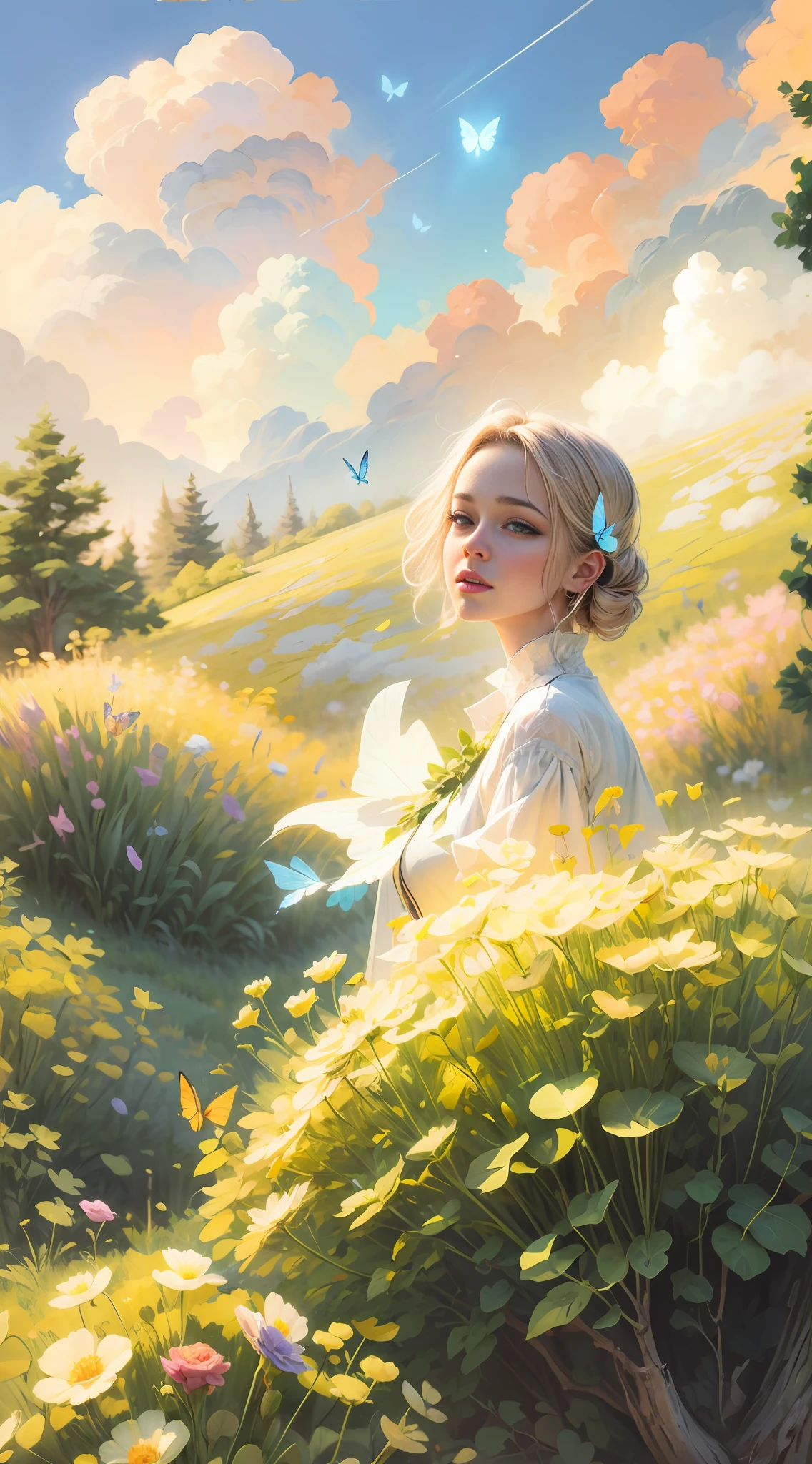 Lustration of a woman in a field of flowers A blue sky of clouds, beautiful illustration, beautiful painting, beautiful UHD 4K art, beautiful art, a beautiful art illustration, art in the style of Guweiz, beautiful painting, Atey Ghailan 8K, Artgerm and Atey Ghailan, girl in a field of flowers, (butterflies). (best quality, masterpiece), 1girl, pose, particle, wind, flower, upper body, sky background, looking at the viewer. --auto