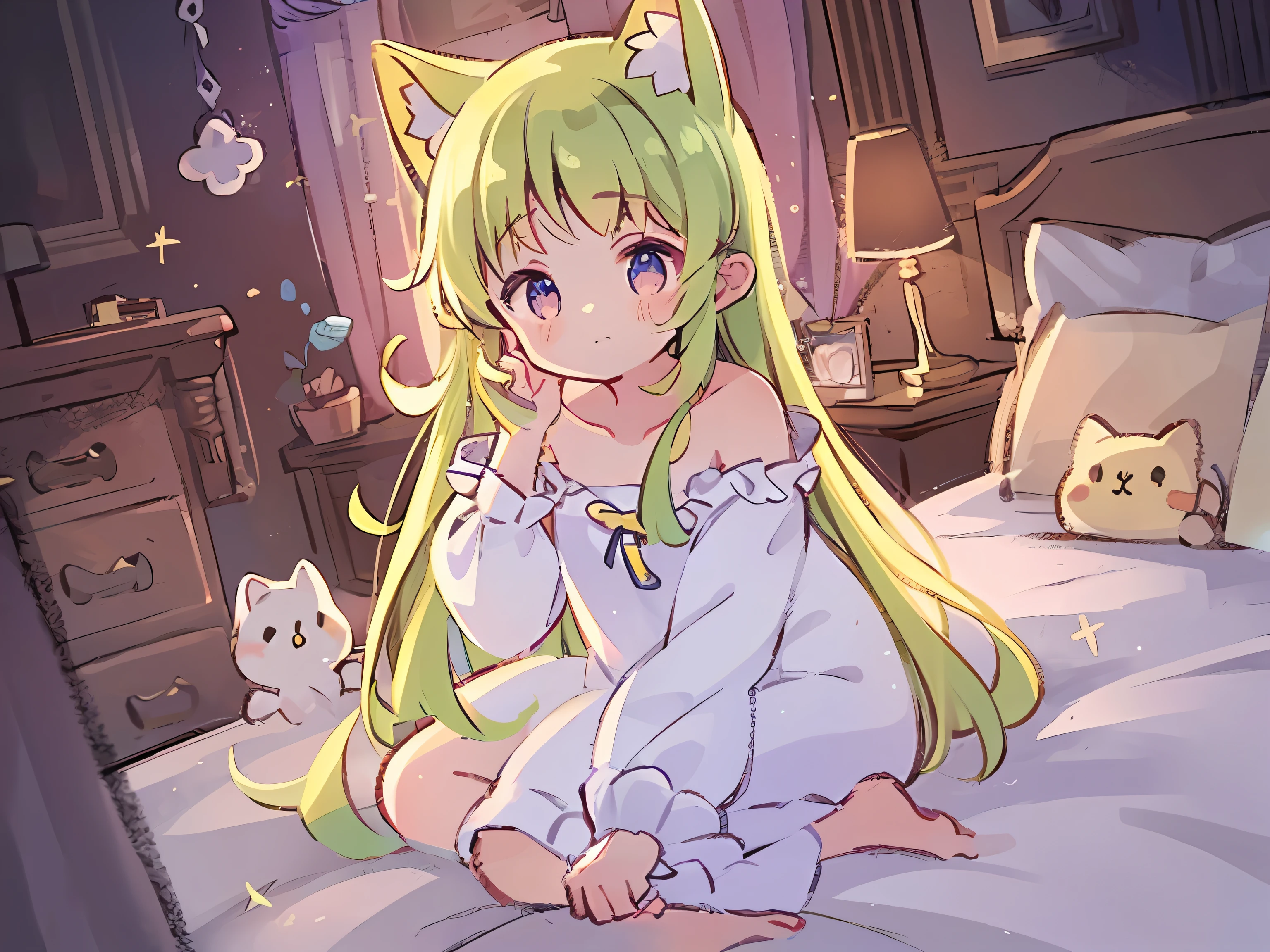 Top quality, masterpiece, super high resolution, pretty facial features, flat design, yellow theme,
1 girl, light beige hair, indigo eyes, (sleepy eyes: 1.1), (cute yellow night dress), cute, one hand on face, bedtime, disheveled long hair, green hair, cat ears, full body,
(simple dark background), giant stars shining in the dark, bedroom, cure, ziyu,
