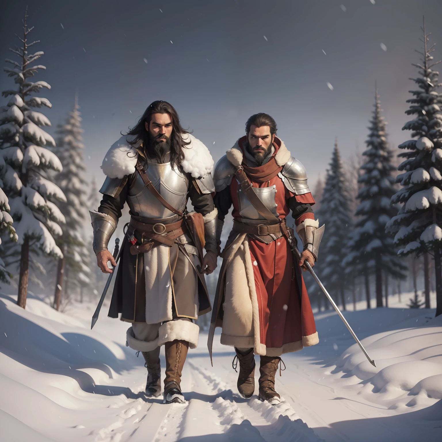 A giant with a black beard walking in the snow, together two knights