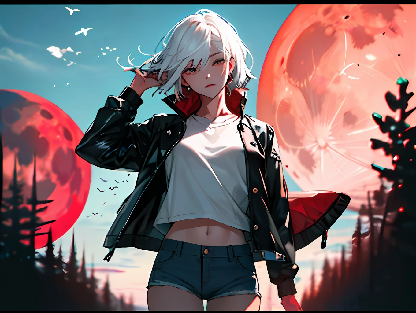 (Absurd, Master Masterpiece, Ultra HD, 8K Resolution, 4K HD,) A woman with white hair, black jacket, denim shorts, in the wilderness, red moon