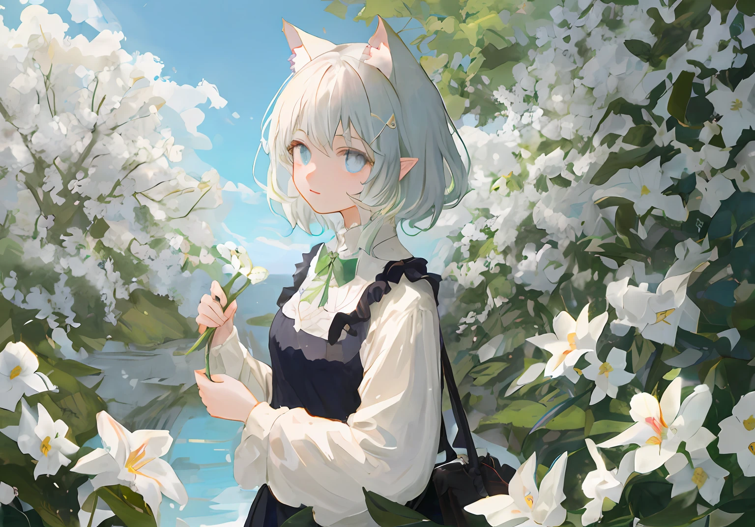 "Super delicately depicted light blue crystal clear eyes, stunning illustration masterpiece, showing the spring flowers and beautiful sky. Please describe in nuanced words the demeanor of this cat-eared girl in her short white hair. "