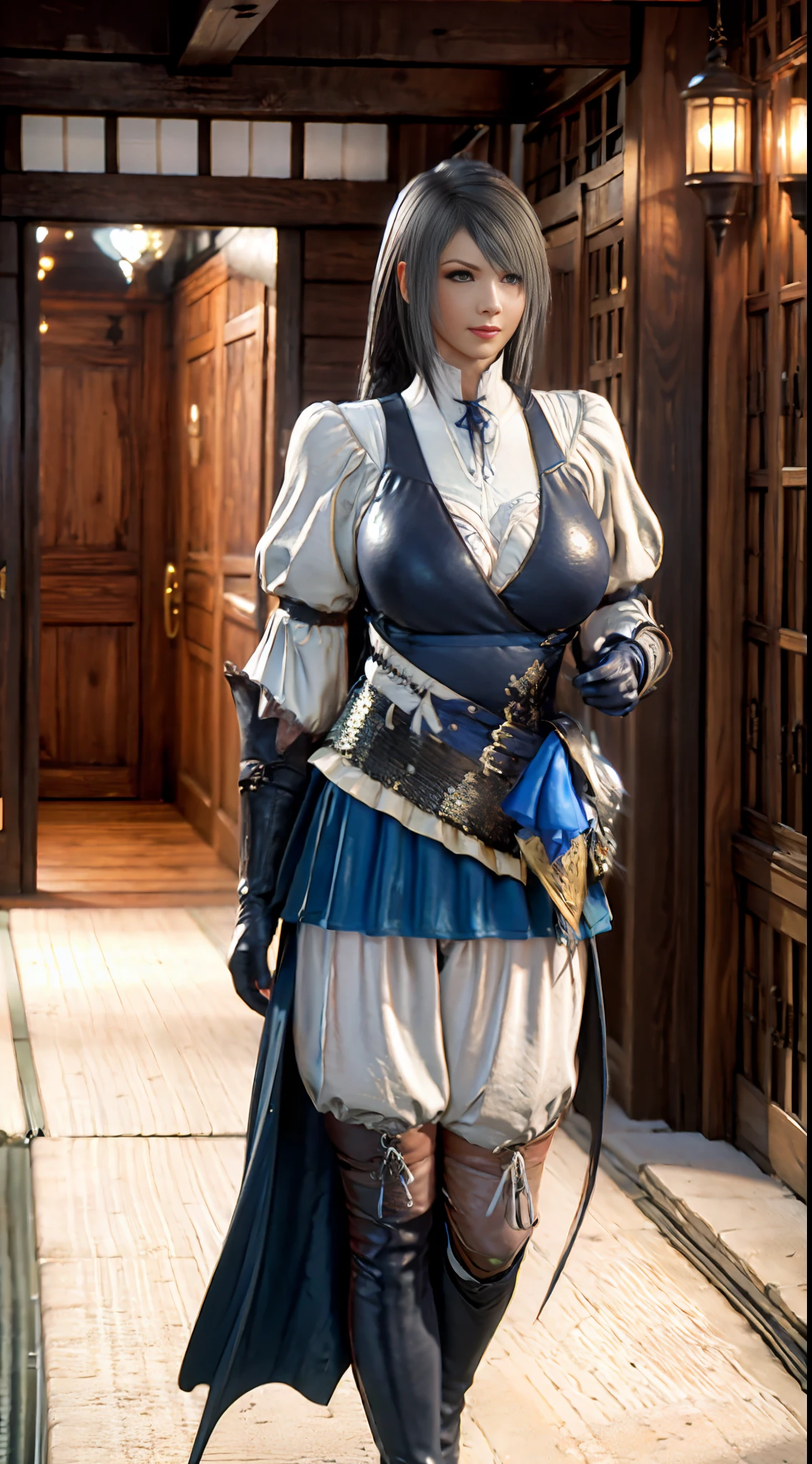 Unreal Engine, Realistic Rendering, Excellent, bra armor, glove, milf, looking on viewer, character, final fantasy 16, cosplayer, walking down hallway of kyoto castle, beautiful face, makeup, ((top body is hyperrealistic slim and hyper gigantic breasts)), lower is huge buttocks, shiny skin, nlack long hair, bokeh, masterpiece, highres, 1080P, UHD