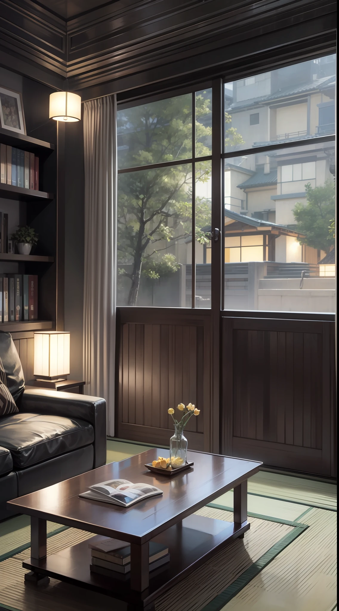 Living room, Japanese anime style, puzzled, at night, at home, sofa,