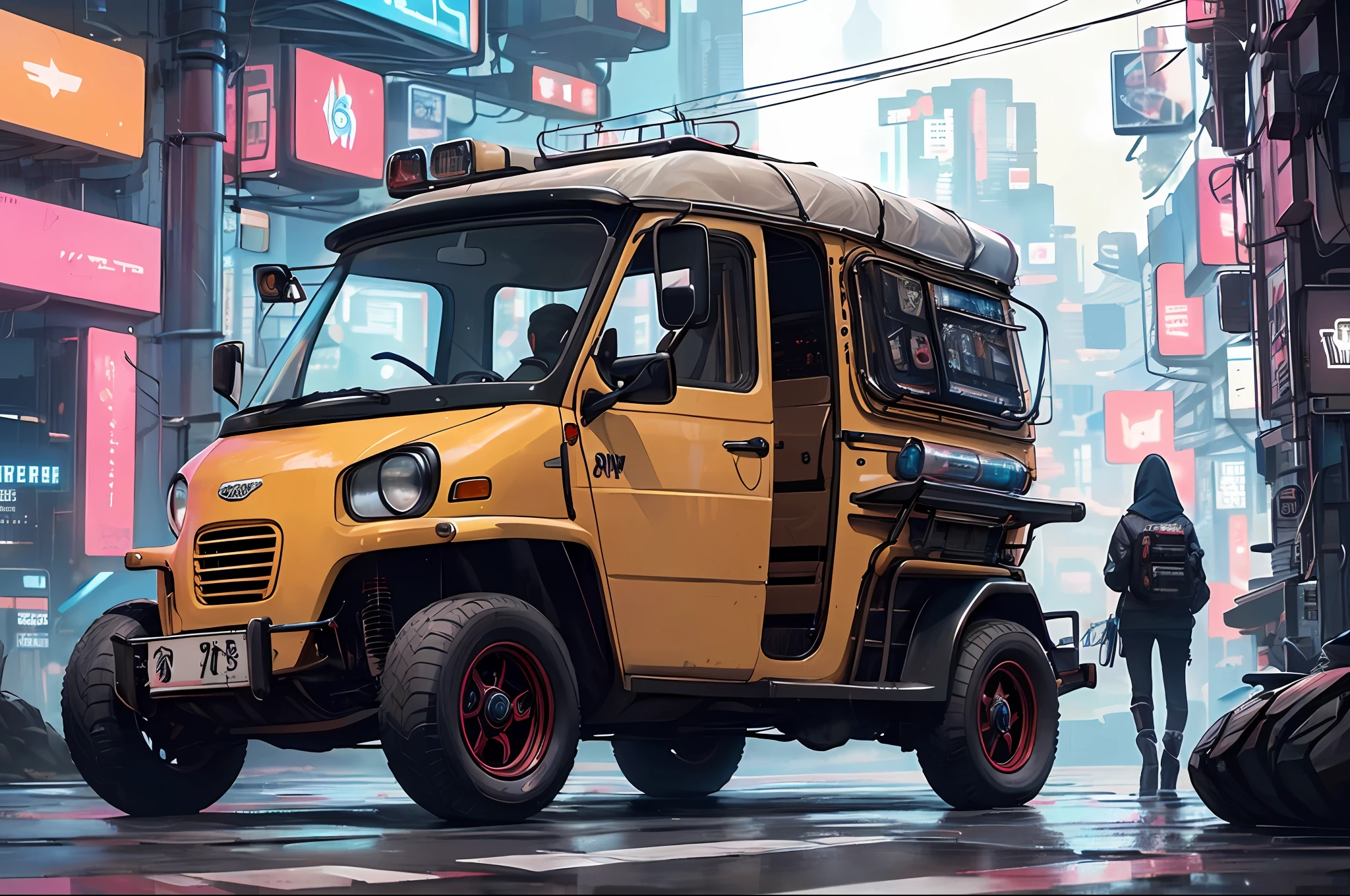 (at late night:1.3), , (detailed beautiful skin textures, detailed beautiful face, ultra detailed clothing textures), , (Cyberpunk:1.4), , (an ultra detailed four-wheeled and long bonnet tuk-tuk and letter-tires), , (3/4 Side view, The car is in the center of the frame), , (at parking area, at ultra detailed Night City of Cyberpunk), (All cars are classic cars with cyberpunk costumed), , (soft lighting), , (masterpiece, best quality:1.4, 128k, ultra detailed, illustration, distinct_image, intricate_details, delicate illustration), (realistic:0.15),