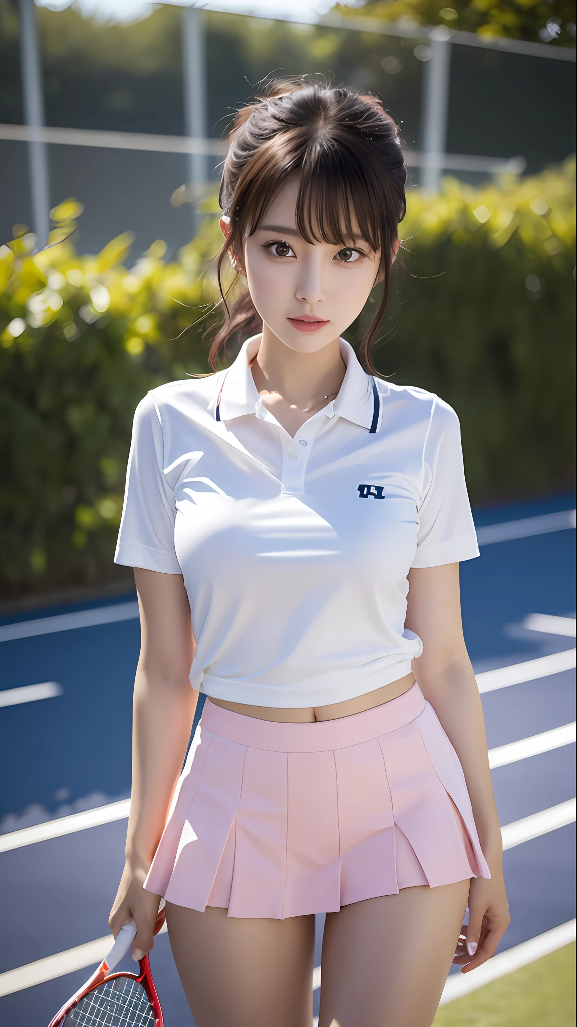 1 girl, solo, white polo shirt, white sneakers, pink tennis wear: 1.3, white mini skirt, masterpiece, top quality, realistic, hyper detail, (glossy skin, sweaty: 1.4), absurdity, camera gaze, short black hair, brown eyes, slender, dynamic lighting, high resolution, sharp focus, depth of field, detailed eyes, sharp eyes, realistic eyes, (big: 1.2), (Thick Thighs: 1.0), Outdoor, Sky, Korean Idol, Nogizaka Idol, Gravure Idol, Actress,