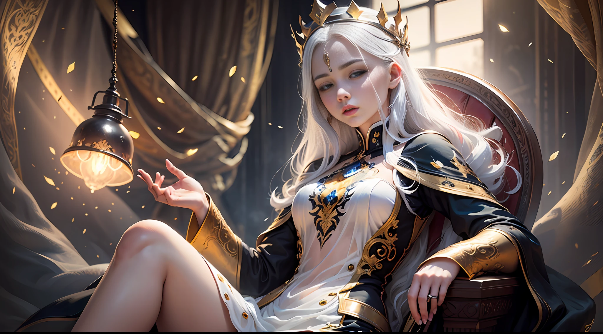 Epic composition, realistic lighting, HD detail, masterpiece, best quality, (very detailed CG uniform 8k wallpaper), vast landscape photos, (Masterpiece:1.2), best quality, (illustration:1.2), (ultra-detailed), hyper details, (delicate detailed), (intricate details), ( cinematic light, best quality backlights), clear line, from below, solo girl 1.2, perfect body, (1girl), white hair and yellow eyes, (emperor, black see-through clothes), (crown: 1.1), sitting on the throne, slightly closed eyes, head down, head down, (shyness: 1.2 ), (makeup), high contrast, (best illumination, an extremely create and beautiful), ((cinematic light)), colorful, --auto