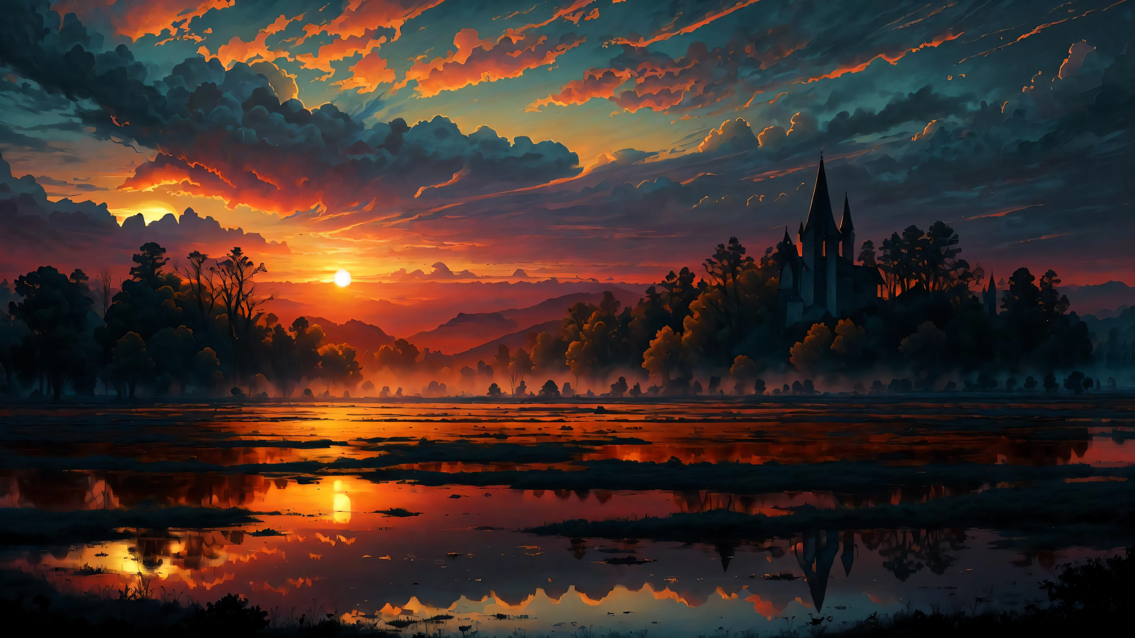 (masterpiece, best quality, high quality, highres:1.4), detailed, extremely detailed, ambient soft lighting, 4K, landscape, (dusk, setting sun, darkening sky:1.3), swamp, mire, mist, mountains in the background, crooked trees, darkness, dark fantasy, gothichorrorai