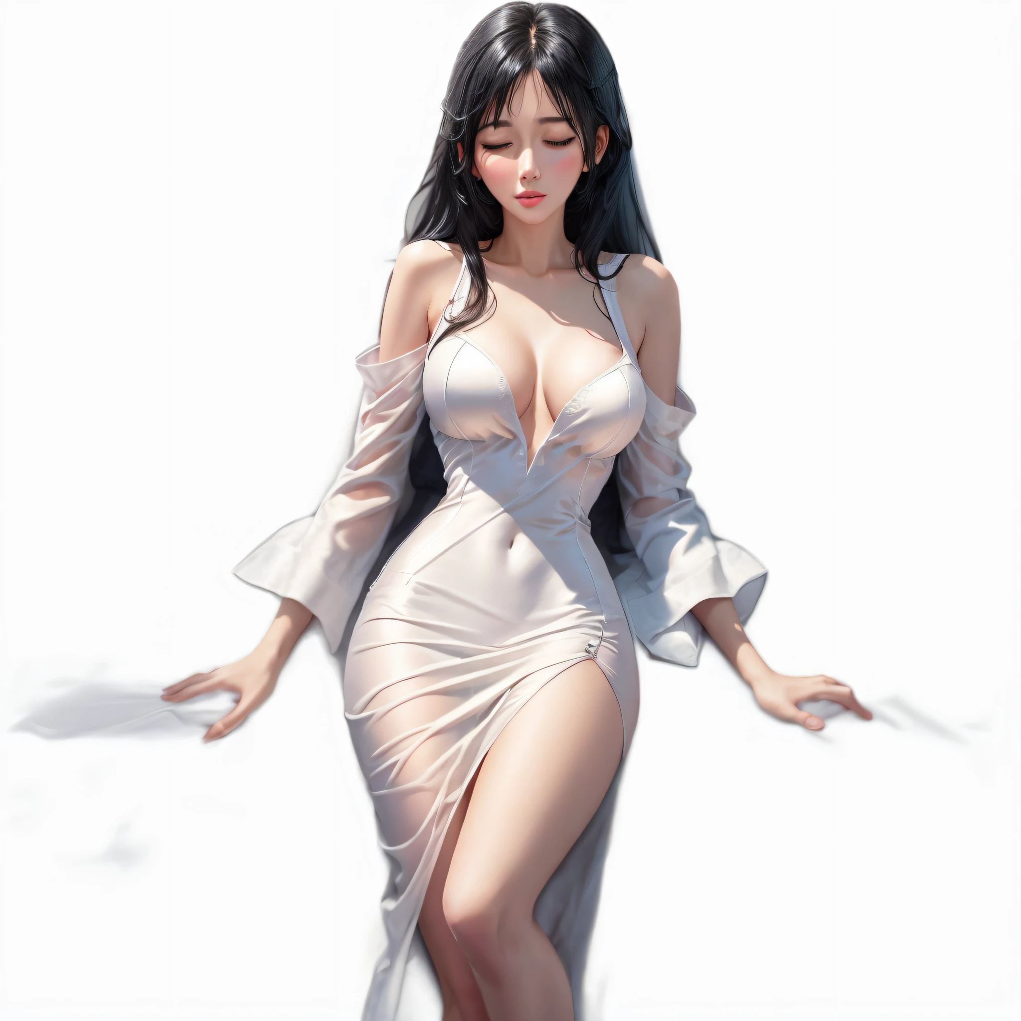 Lying on bed, white nightgown, sleeveless, shoulder-length black hair, sleeping woman lying on her back, exposing breasts, beautiful pointed nipple, clean bare thighs, red panties