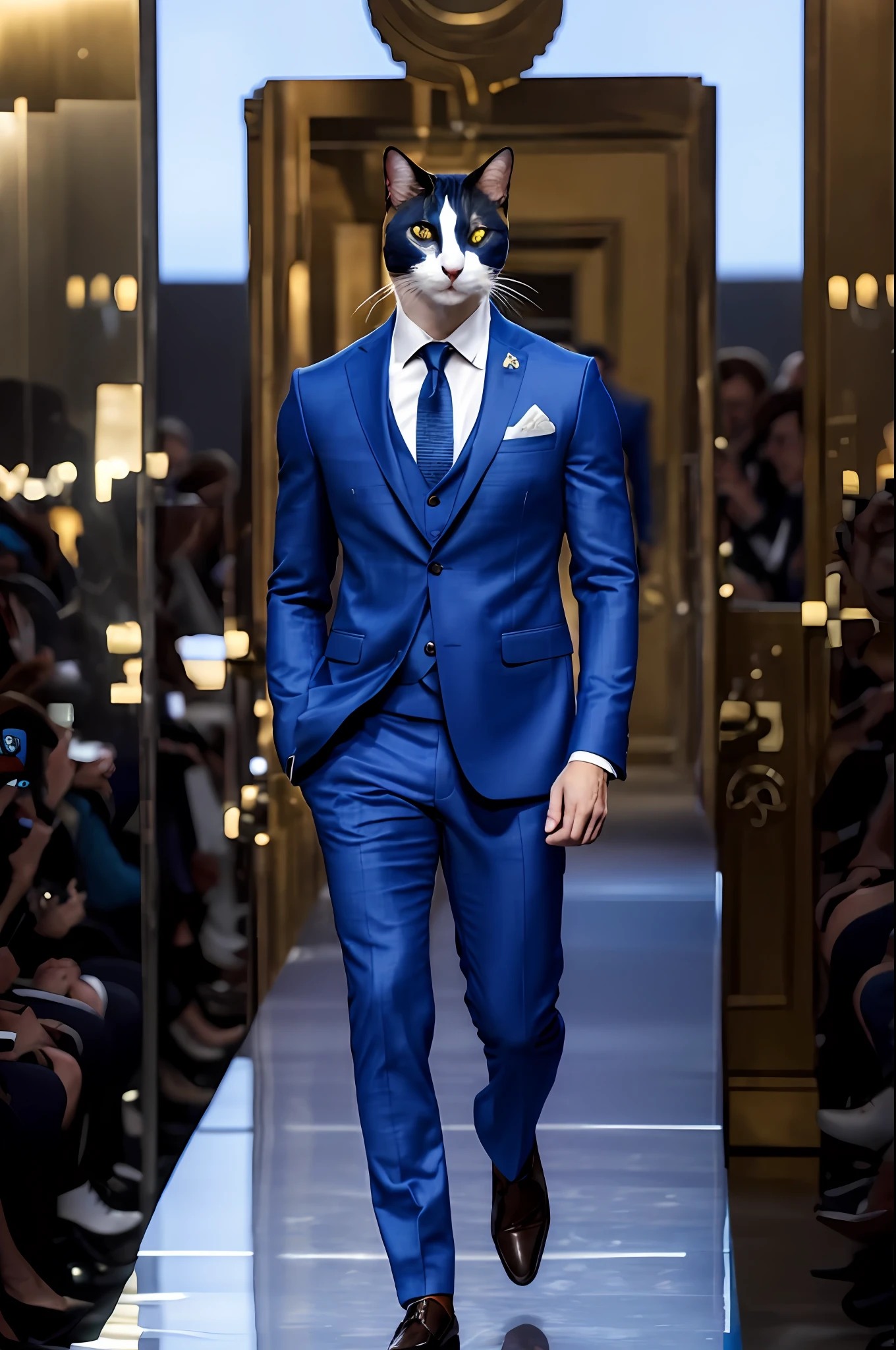 araffe cat in a blue suit walking down a runway, wearing dark blue suit, he is wearing a suit, wearing a stylish men's suit, catwalk, wearing fashion suit, blue suit, wearing a suits, blue gold suit, all the people are wearing suits, well-groomed model, catwalk photo, wearing a suit, catwalks