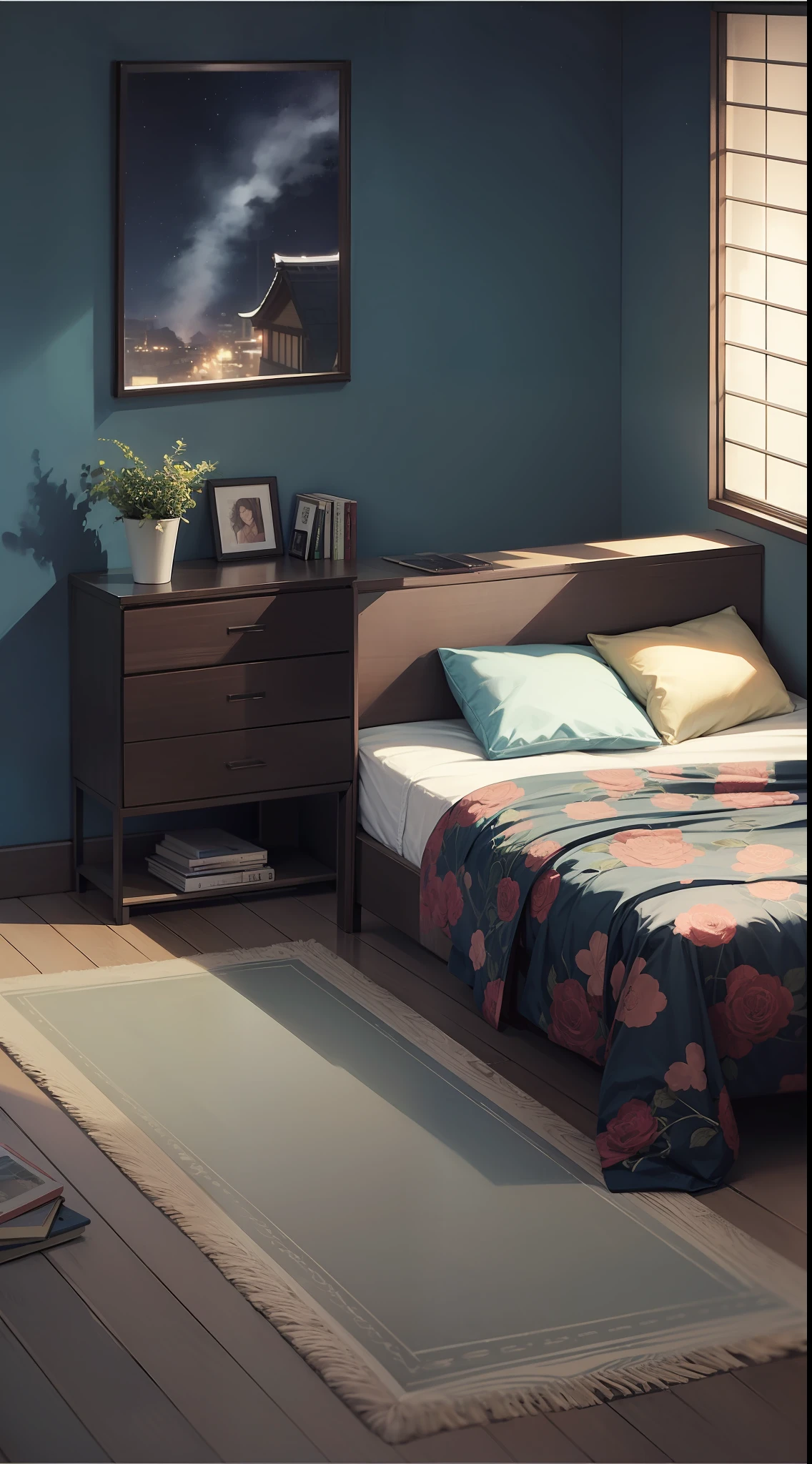 Man under the bed, Japanese anime style, at night, home, bedroom