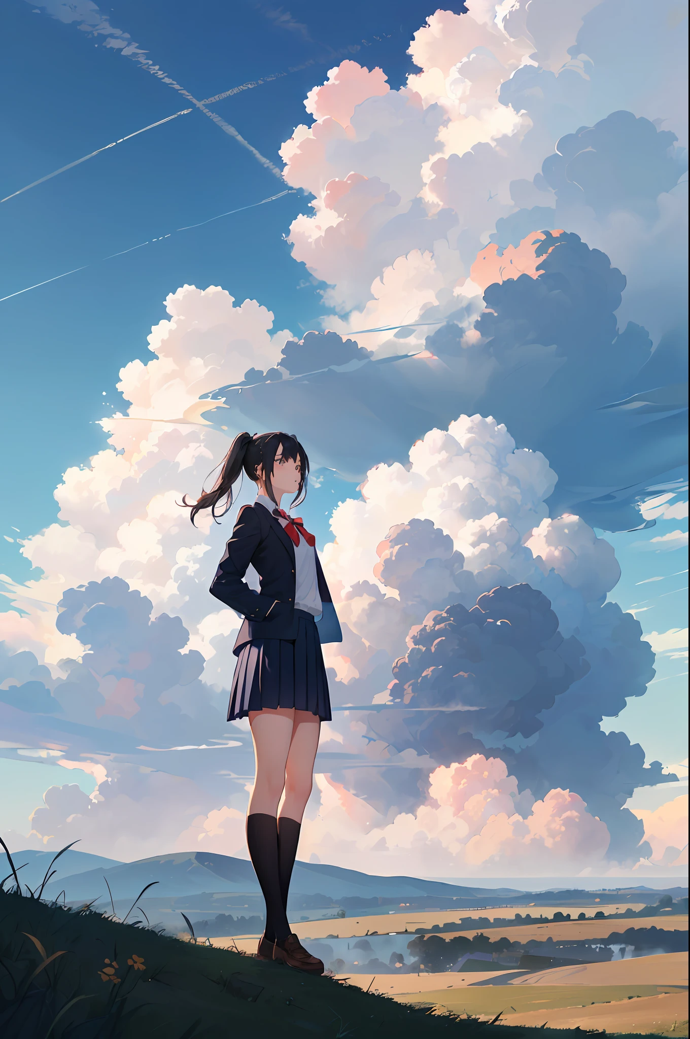 (1girl, tailored jacket, dark blue pleated skirt, school uniform), (full body, from bellow:1.2), absurdres, highres, ultra detailed, scenery, landscape, (wide shot:1.4), (grasslands, blue sky, cumulonimbus cloud:1.3), (soft focus, diffusion Filter), dreamy ambiance