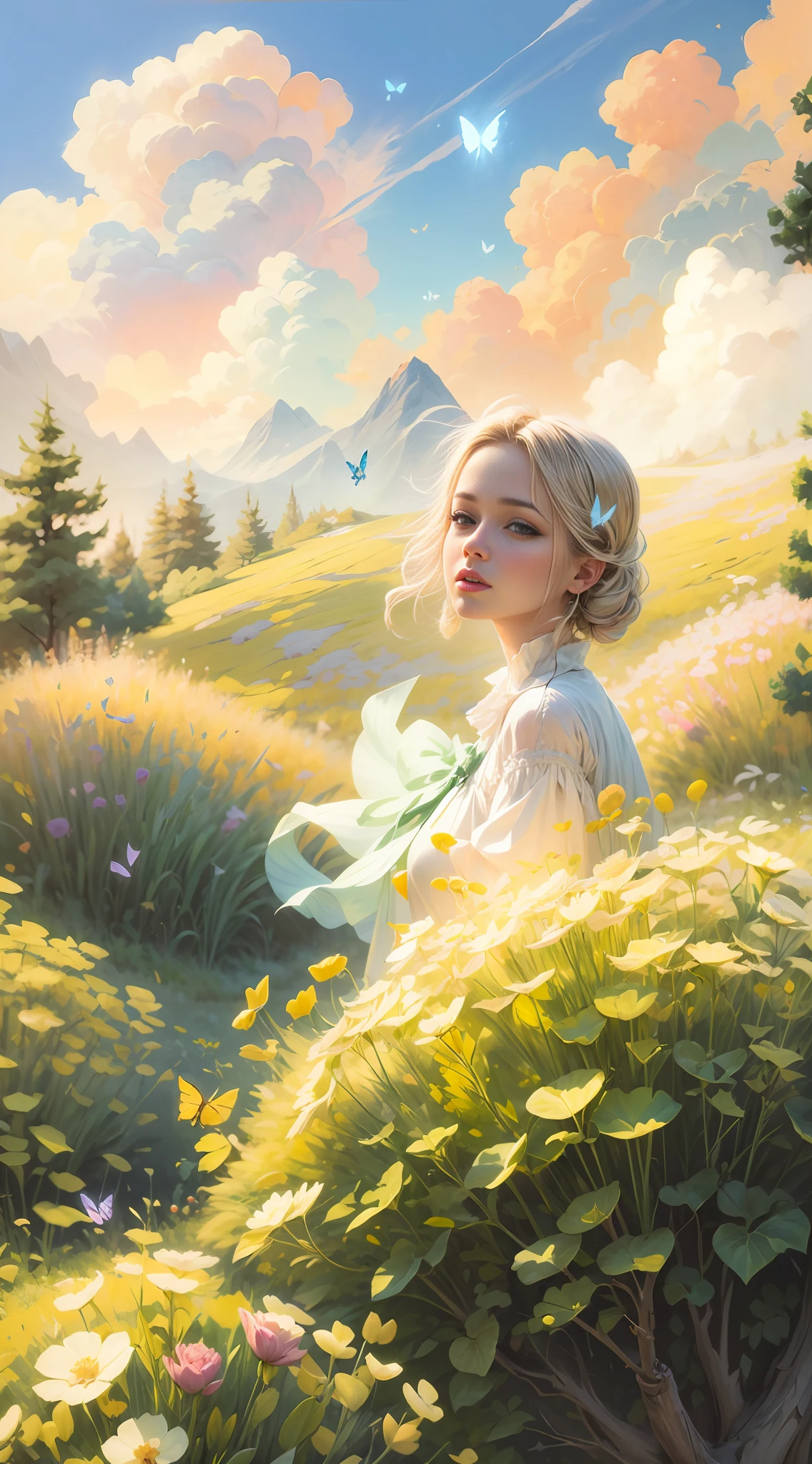 Lustration of a woman in a field of flowers A blue sky of clouds, beautiful illustration, beautiful painting, beautiful UHD 4K art, beautiful art, a beautiful art illustration, art in the style of Guweiz, beautiful painting, Atey Ghailan 8K, Artgerm and Atey Ghailan, girl in a field of flowers, (butterflies). (best quality, masterpiece), 1girl, pose, particle, wind, flower, upper body, sky background, looking at the viewer. --auto