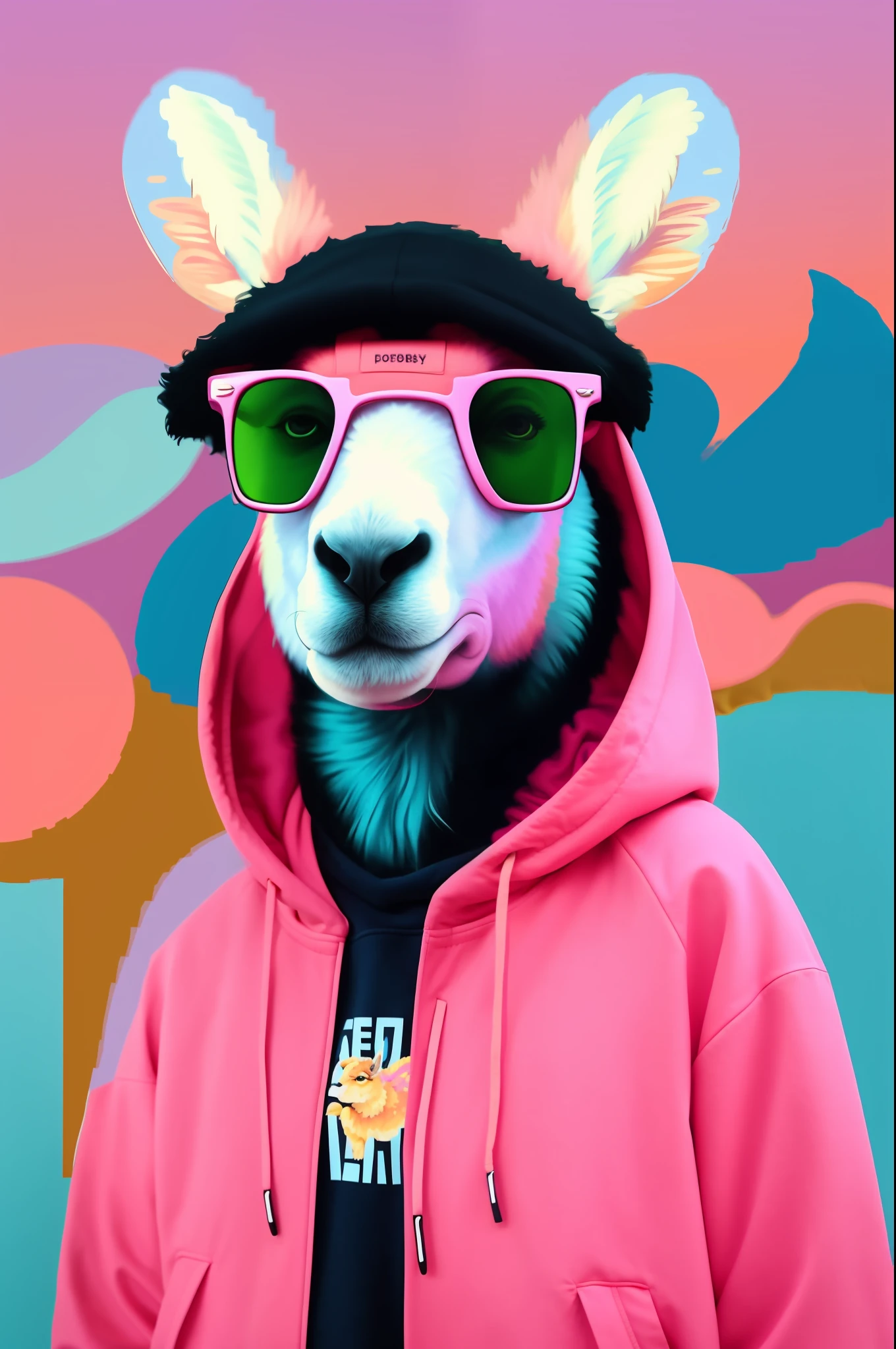 araffe wearing sunglasses and a pink jacket with a blue hoodie, fursona wearing stylish clothes, llama anthro portrait, bad bunny, hip hop vaporwave, looking heckin cool and stylish, vibrant fan art, digital art animal photo, maximalist vaporwave, streetwear graphic design, vibrant cartoon art, beeple style, lama, llama all the way