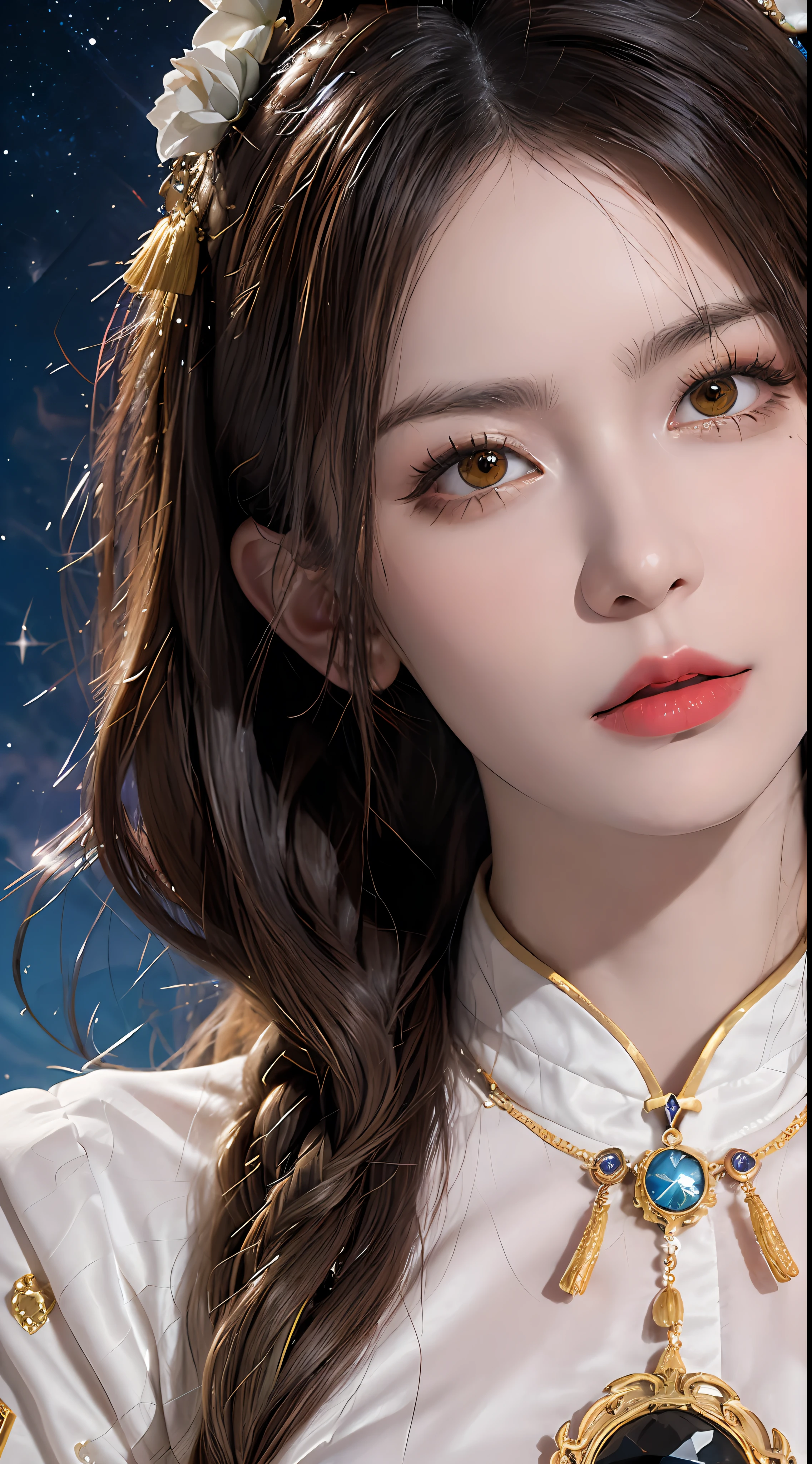 1 27-year-old girl, 1 zodiac goddess from the future, goddess of the pink and purple 12 zodiacs, the goddess of the zodiac in a yellow ao dai, a 12 zodiac ao dai with many black lace detail, mythology Goddess of the 12 zodiacs from the future, zodiac ♏, luxurious glittering zodiac style, dark and mysterious version, zodiac crown, lipstick lips red, thin and beautiful lips, mouth closed, characters made by karol bak and pino daeni, intricate detail, detailed background, extremely detailed, light magic, a woman, clear face, look at the face of goddess zodialook at the zodiac goddess face, hair long with bangs, beautiful face in detail and well-proportioned eyes, (transparent yellow eyes: 1.8), big round eyes and very beautiful and detailed makeup, foresight, silk dress, mysterious makeup , double bangs and dyed light blonde, uper body, zodiac goddess uper body, arms hanging loosely, Realistic and vivid photo, (stars make up the zodiac: 1.7), (sky background zodiac and fictitious space and time portal: 1.8), fiction art, RAW photo, hanfu picture, best photo, best photo quality, 8k quality, 8k ultra, super realistic, real photo most economical, artistic portrait of goddess zodiac,