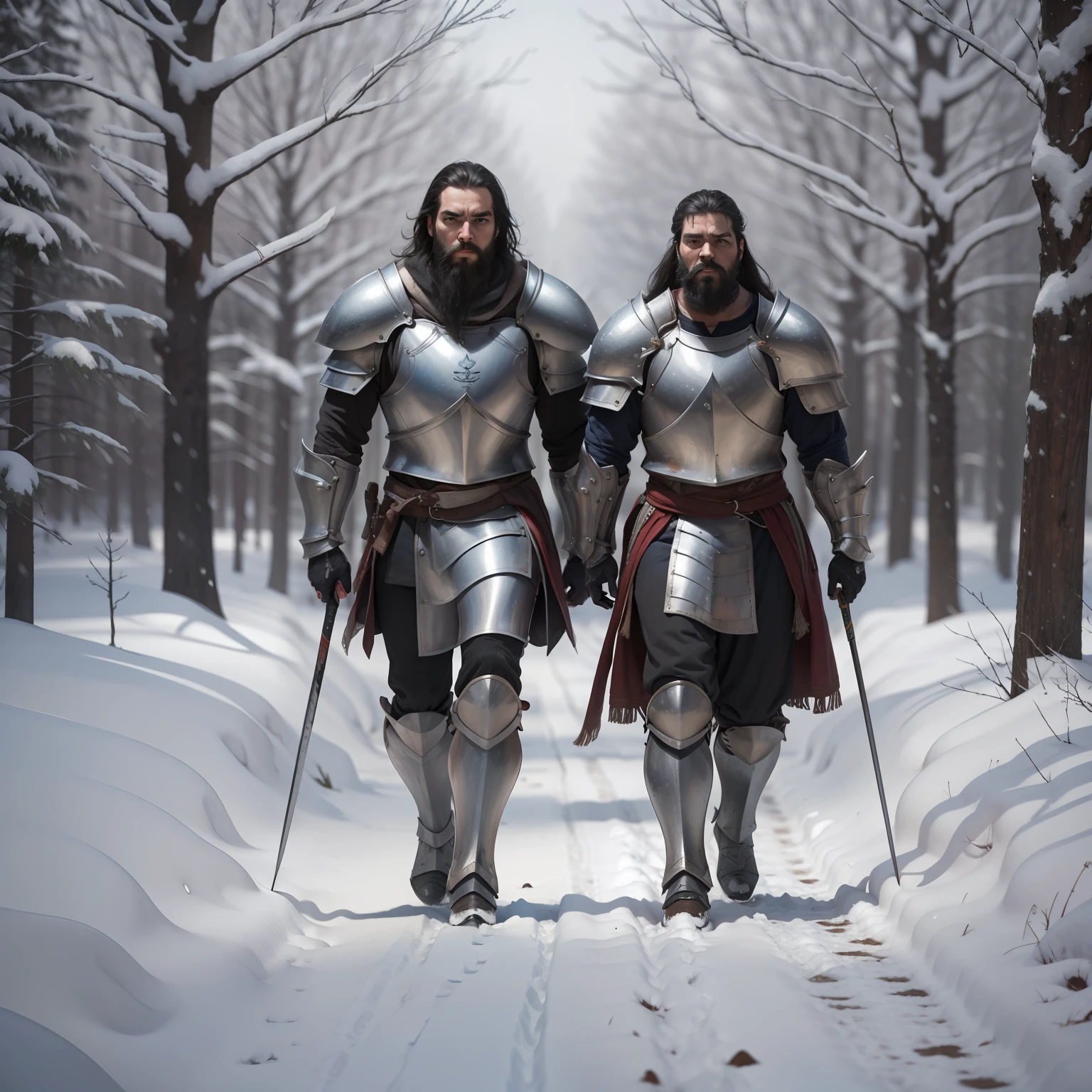 A giant with a black beard, walking in the snow, together two knights, shining armor