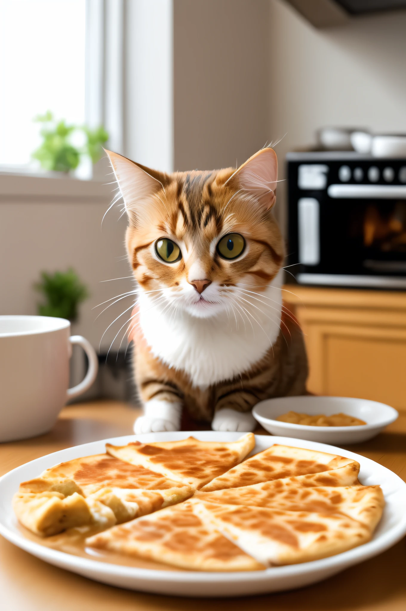 there is a cat sitting at a table with a plate of food, cat eating, cat drinking milk, cat on the table, cute cat photo, cat on the table in front of her, the cat cooks soup, ginger cat, the cat is drinking tea, cute cat, cat photo, portrait shot, photo of a cat, on kitchen table, cat eating pizza