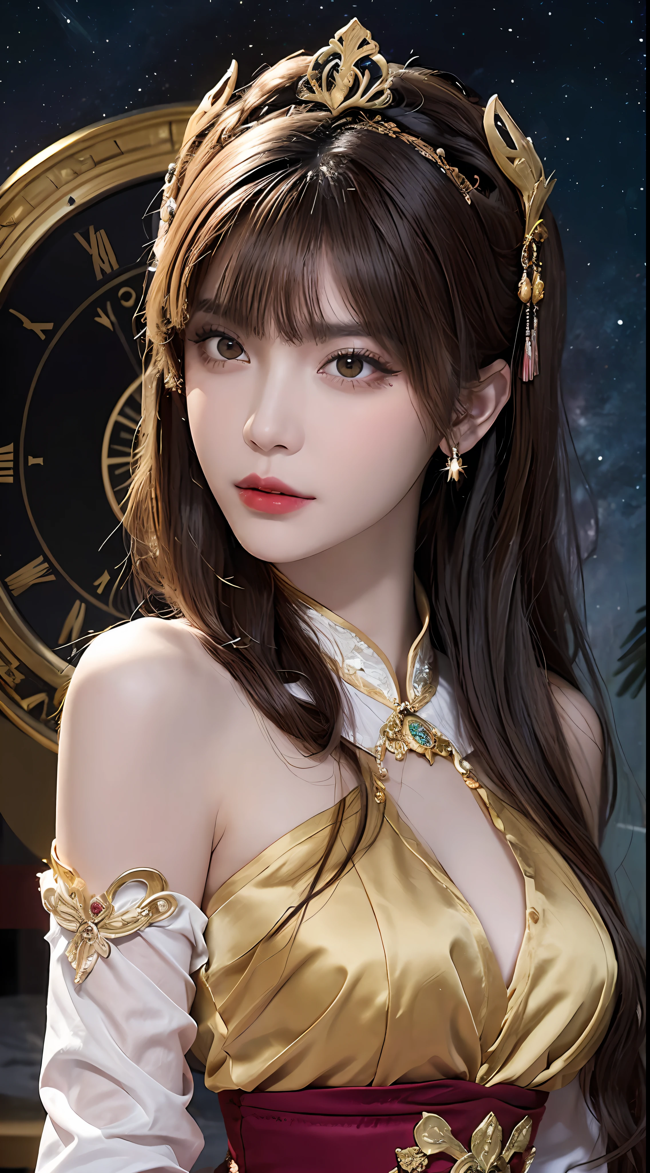 1 27-year-old girl, 1 zodiac goddess from the future, goddess of the pink and purple 12 zodiacs, the goddess of the zodiac in a yellow ao dai, a 12 zodiac ao dai with many black lace detail, mythology Goddess of the 12 zodiacs from the future, zodiac ♏, luxurious glittering zodiac style, dark and mysterious version, zodiac crown, lipstick lips red, thin and beautiful lips, mouth closed, characters made by karol bak and pino daeni, intricate detail, detailed background, extremely detailed, light magic, a woman, clear face, look at the face of goddess zodialook at the zodiac goddess face, hair long with bangs, beautiful face in detail and well-proportioned eyes, (transparent yellow eyes: 1.8), big round eyes and very beautiful and detailed makeup, foresight, silk dress, mysterious makeup , double bangs and dyed light blonde, uper body, zodiac goddess uper body, arms hanging loosely, Realistic and vivid photo, (stars make up the zodiac: 1.7), (sky background zodiac and fictitious space and time portal: 1.8), fiction art, RAW photo, hanfu picture, best photo, best photo quality, 8k quality, 8k ultra, super realistic, real photo most economical, artistic portrait of goddess zodiac,