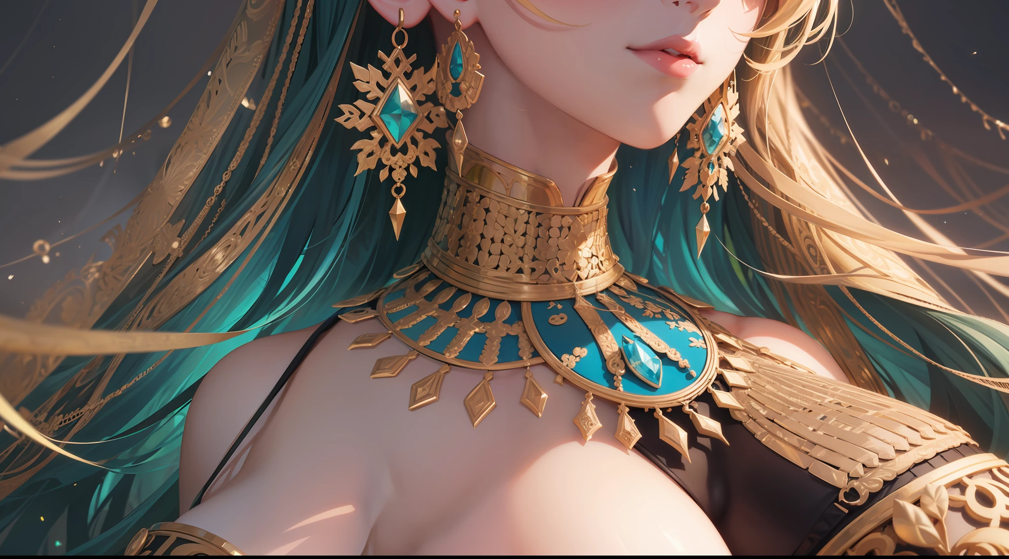 Masterpiece, Top Quality, Best Quality, Official Art, Beauty and Aesthetics: 1.2), (1girl: 1.3), Very Detailed, (Fractal Art: 1.1), (Color: 1.1), Most Detailed, (Zentangle: 1.2), (Shiny Skin), (Earrings: 1.4), Simple Background, Head Close-up, Emperor, Black Sheer Suit, C Cup,