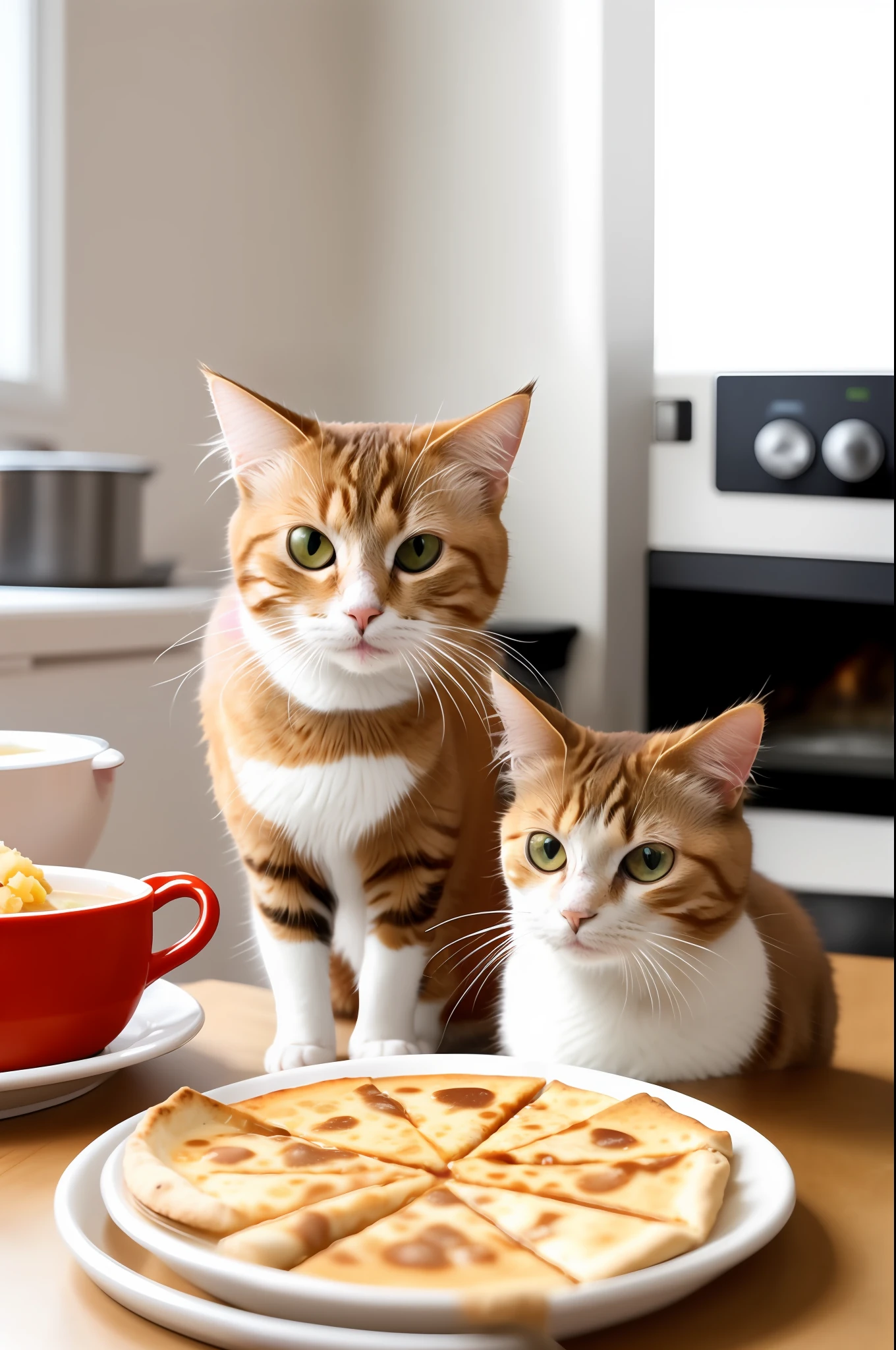 there is a cat sitting at a table with a plate of food, cat eating, cat drinking milk, cat on the table, cute cat photo, cat on the table in front of her, the cat cooks soup, ginger cat, the cat is drinking tea, cute cat, cat photo, portrait shot, photo of a cat, on kitchen table, cat eating pizza