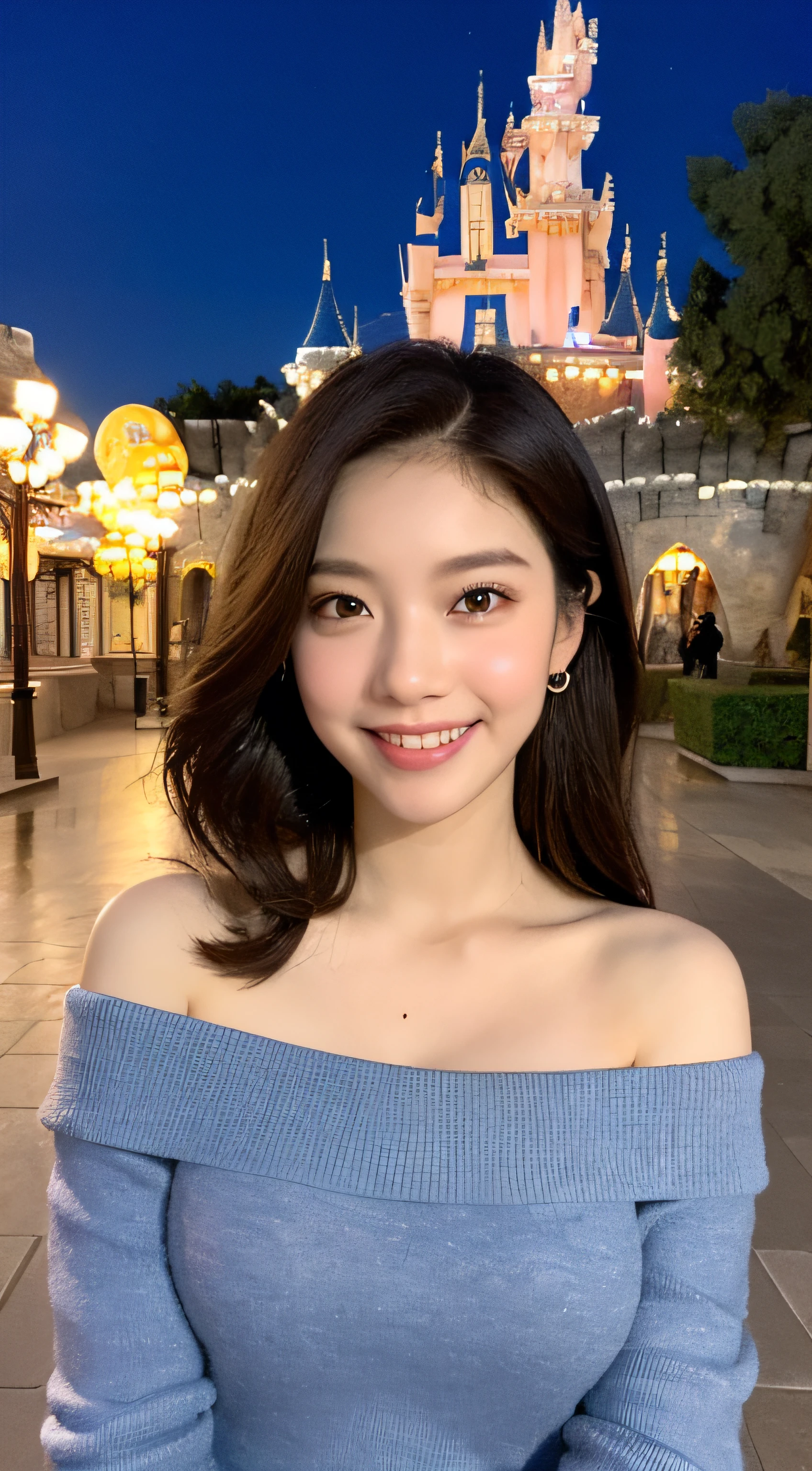 ((Night Scene, Realistic Light, Best Quality, 8k, Masterpiece: 1.3)), 1 Girl, Slim Body Beauty: 1.4, Brown Hair, (Big: 1.3), Off Shoulder Cut Top: 1.3, Ultra Detailed Face, Detailed Eyes, Double Eyelids, Disneyland, Fountain, Castle, Fireworks, Smile, Cleavage, Saggy