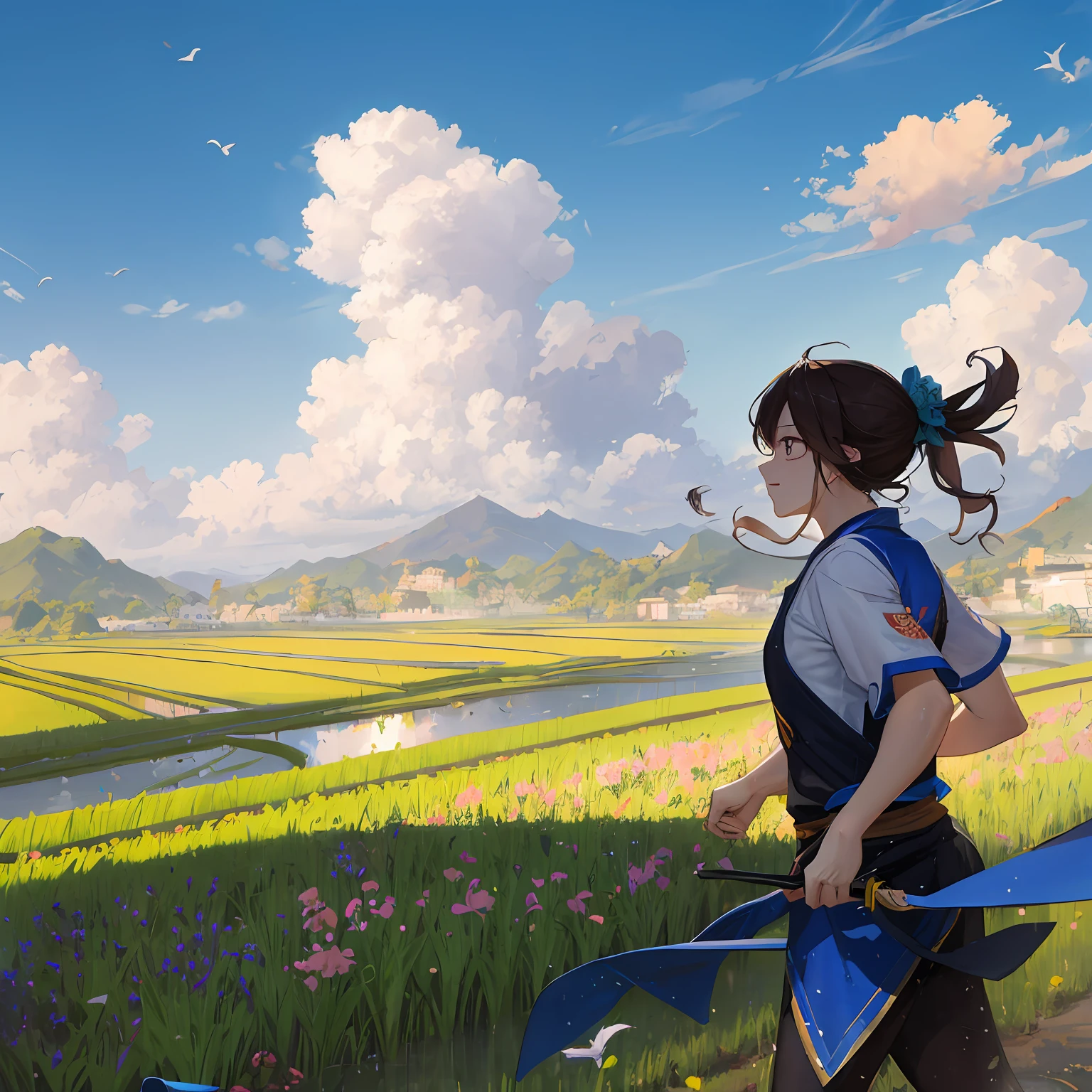 Wang Lele and Lin Yanan running in the rice field, birds singing and flowers, positive perspective, blue sky and white clouds, real, high-definition --auto