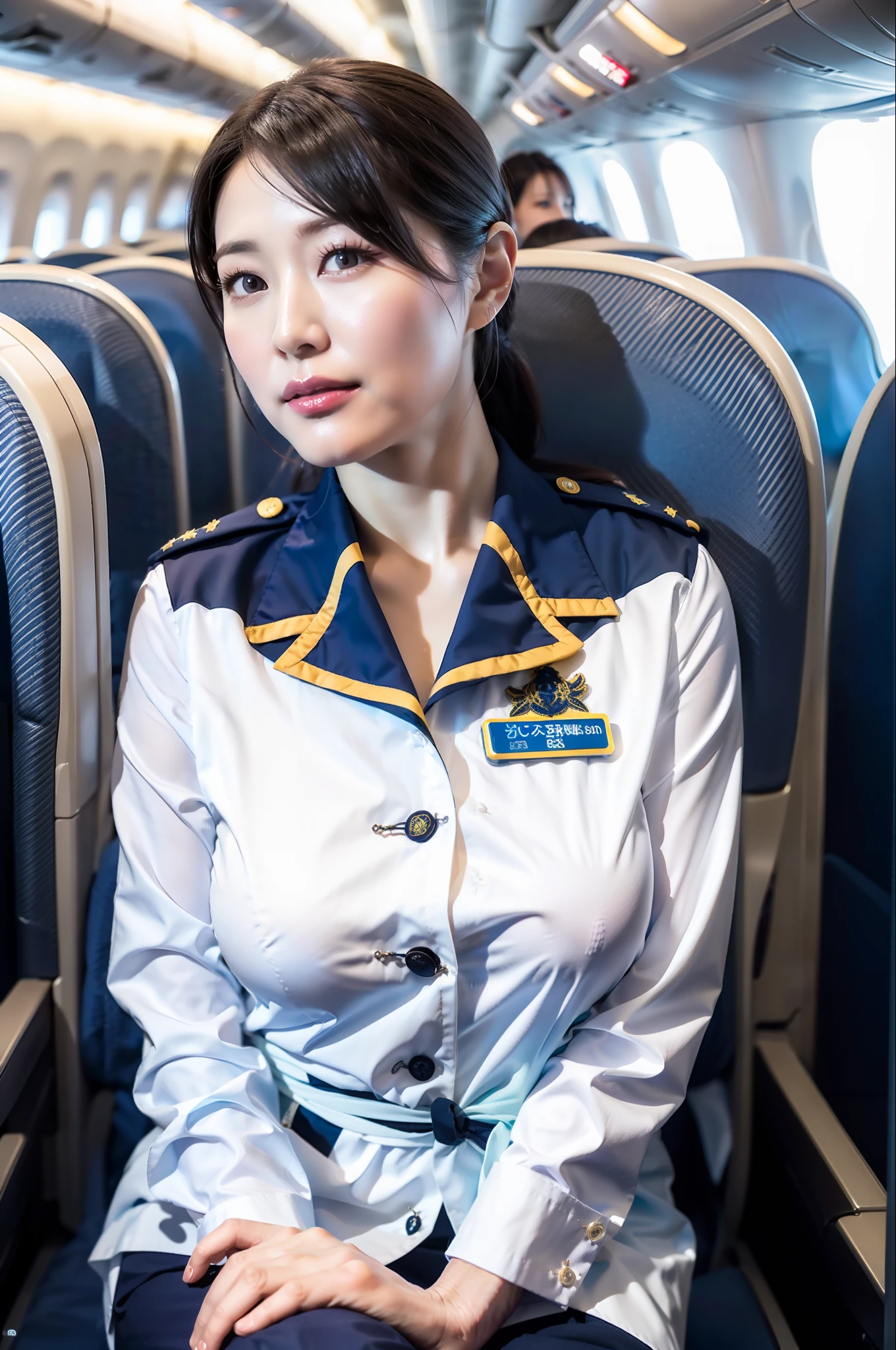 8K,32K, Best Quality , High Definition , Perfect Lighting , RAW Development , Beautiful Skin ,Audience View , POV ,1 Japan Beautiful Mature Woman (Huge Breasts, Perfect Body) Cabin attendant uniform, in the plane, full body, big breasts