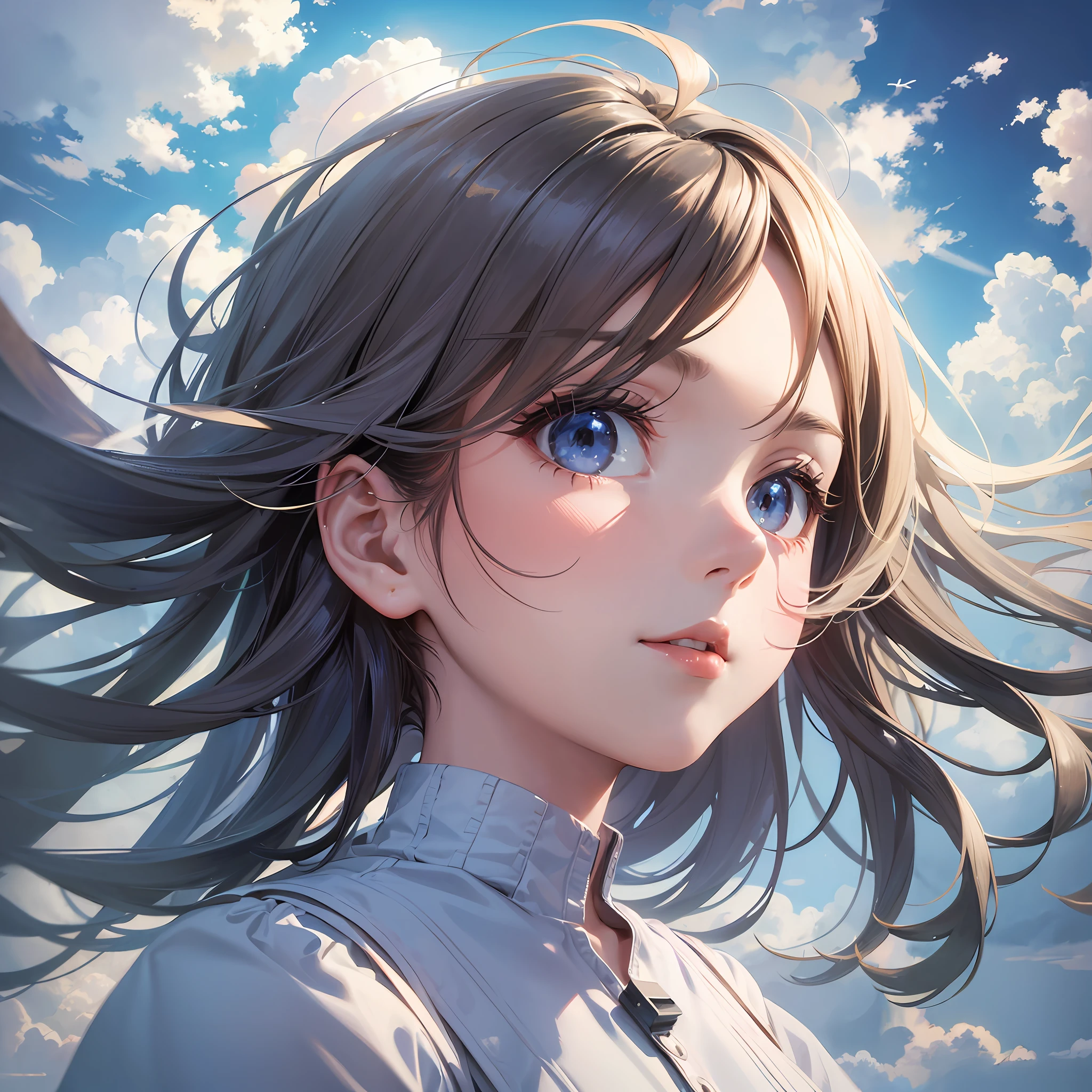 masterpiece, best quality, movie still, 1girl, floating in the sky, cloud girl, cloud, (close-up:1.1), bright, happy, fun, soft lighting, (Bauhaus, shapes, lines, abstract:1.1) --auto --s2
