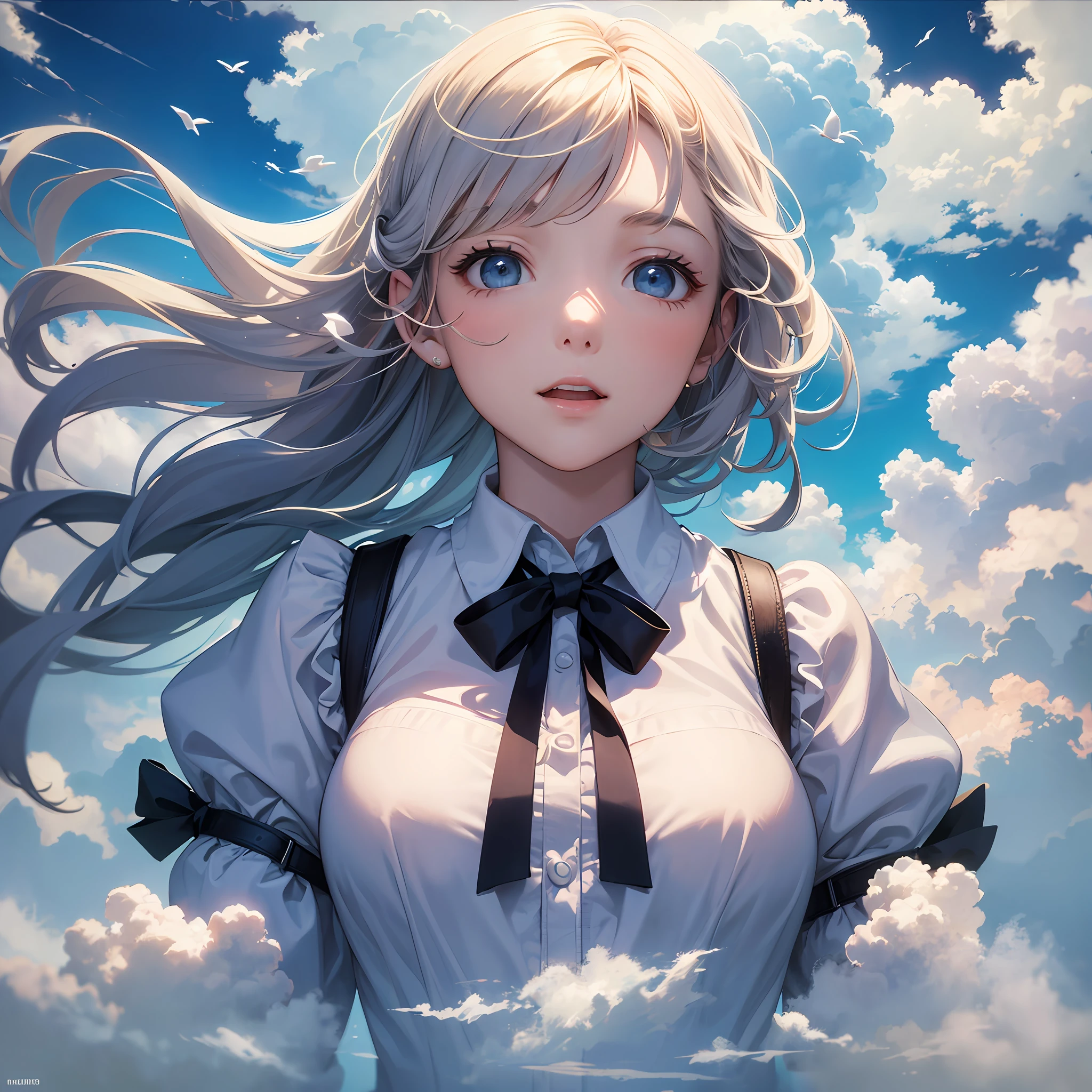 masterpiece, best quality, movie still, 1girl, floating in the sky, cloud girl, cloud, (close-up:1.1), bright, happy, fun, soft lighting, (Bauhaus, shapes, lines, abstract:1.1) --auto --s2