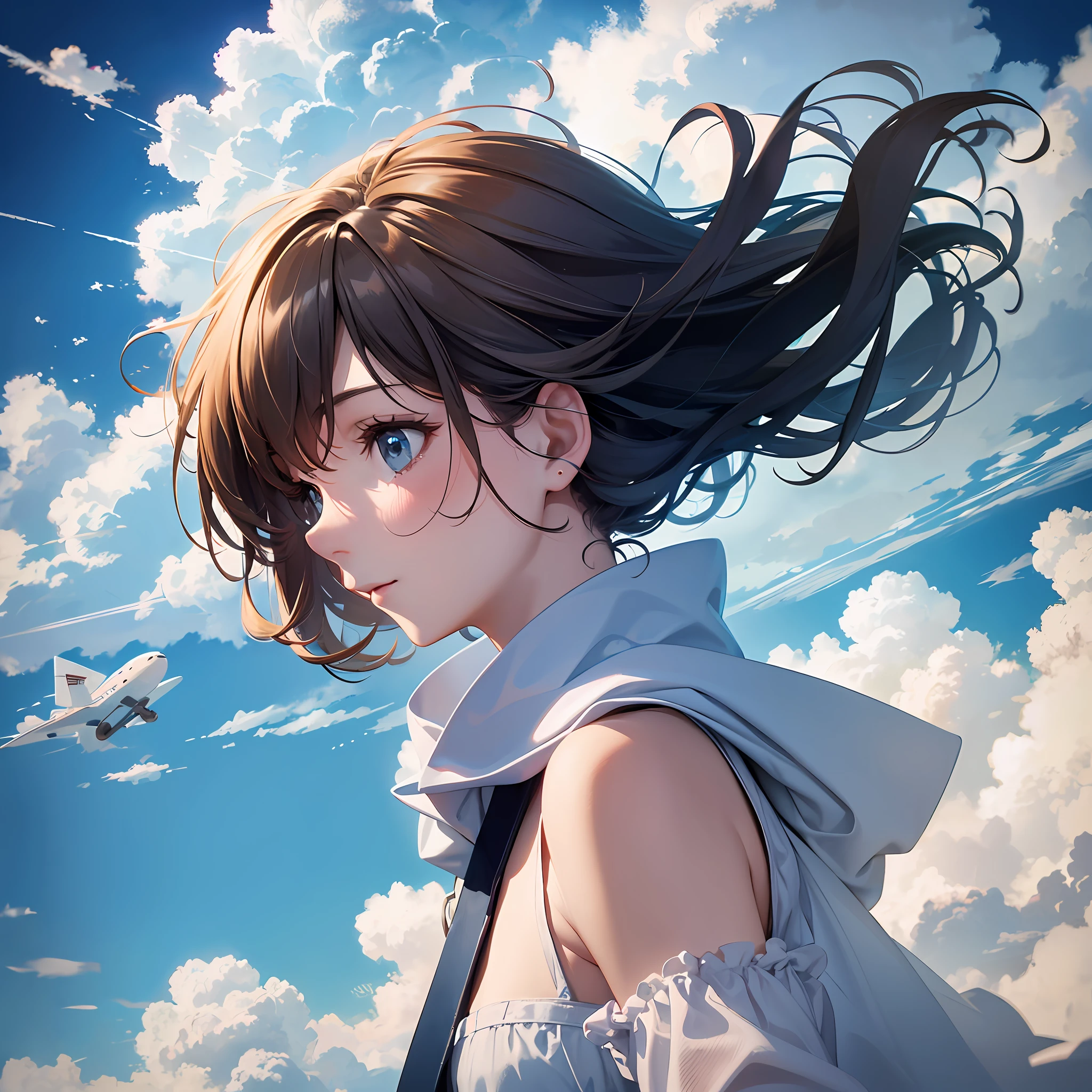 masterpiece, best quality, movie still, 1girl, floating in the sky, cloud girl, cloud, (close-up:1.1), bright, happy, fun, soft lighting, (Bauhaus, shapes, lines, abstract:1.1) --auto --s2